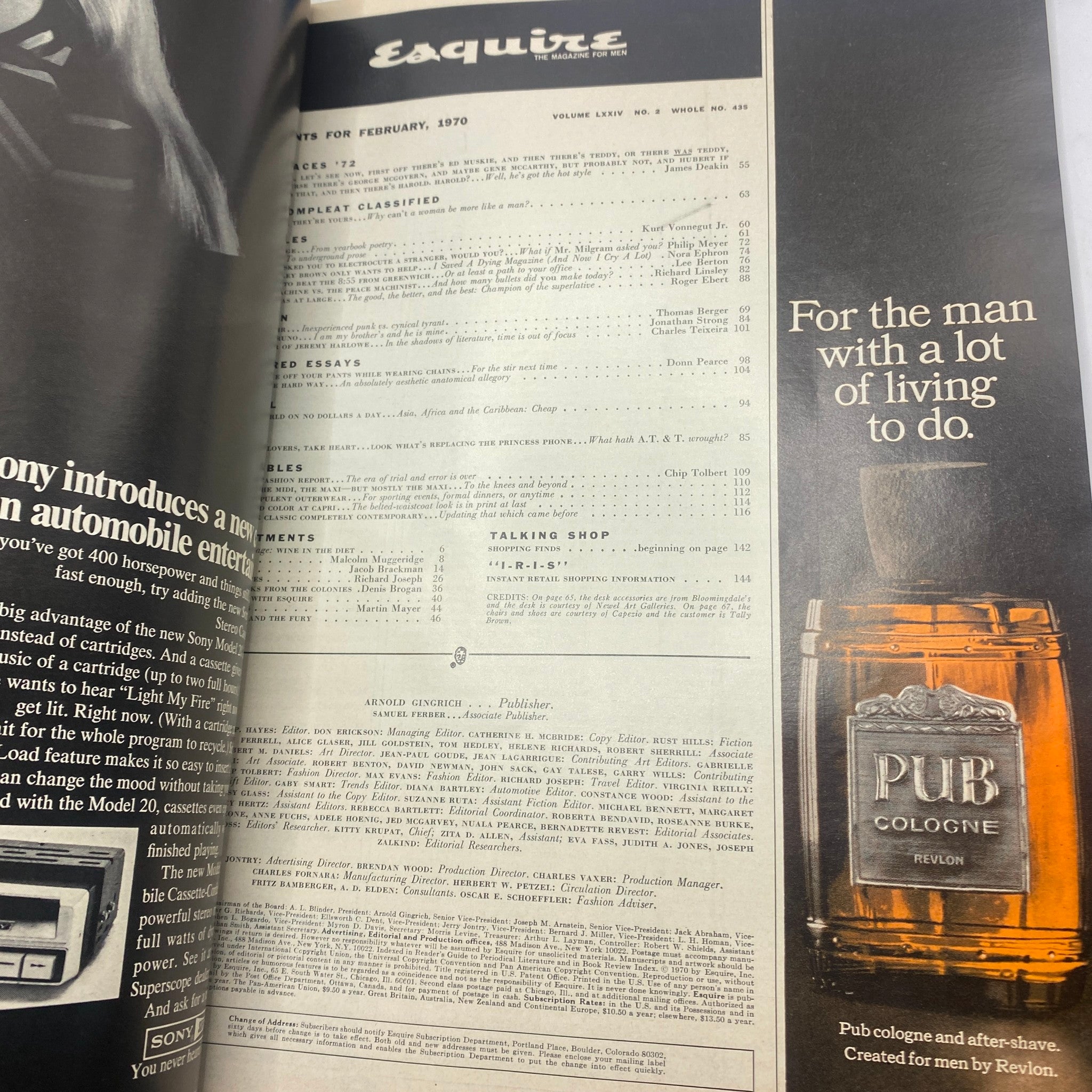 Interior page of Esquire Magazine February 1970 No. 435 showcasing the contents, including advertisements and articles relevant to the era.
