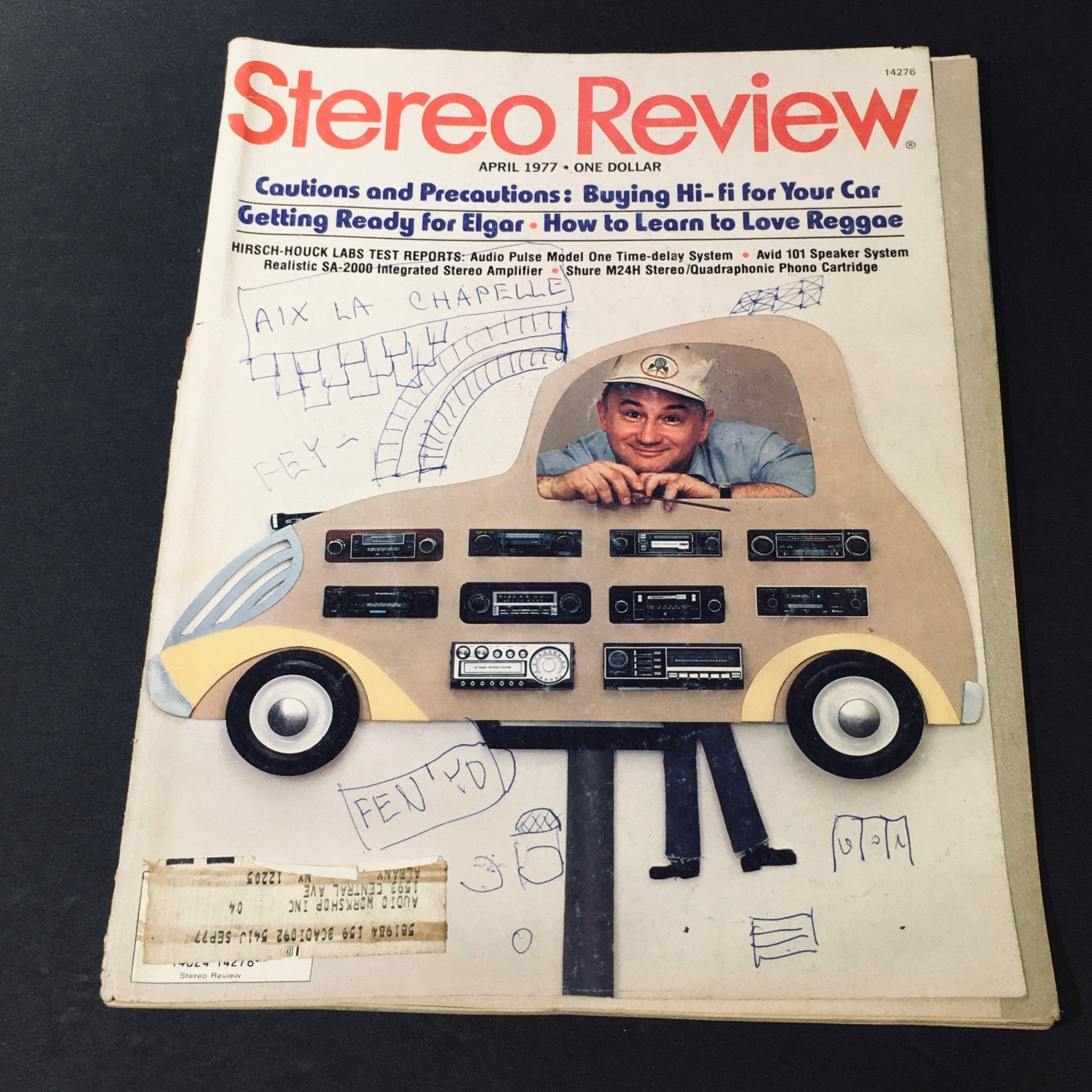 Cover of VTG Stereo Review Magazine April 1977 featuring the Shure M24H Stereo Quadraphonic Cartridge, showcasing a unique visual design with audio equipment illustrations and a featured image of a man.