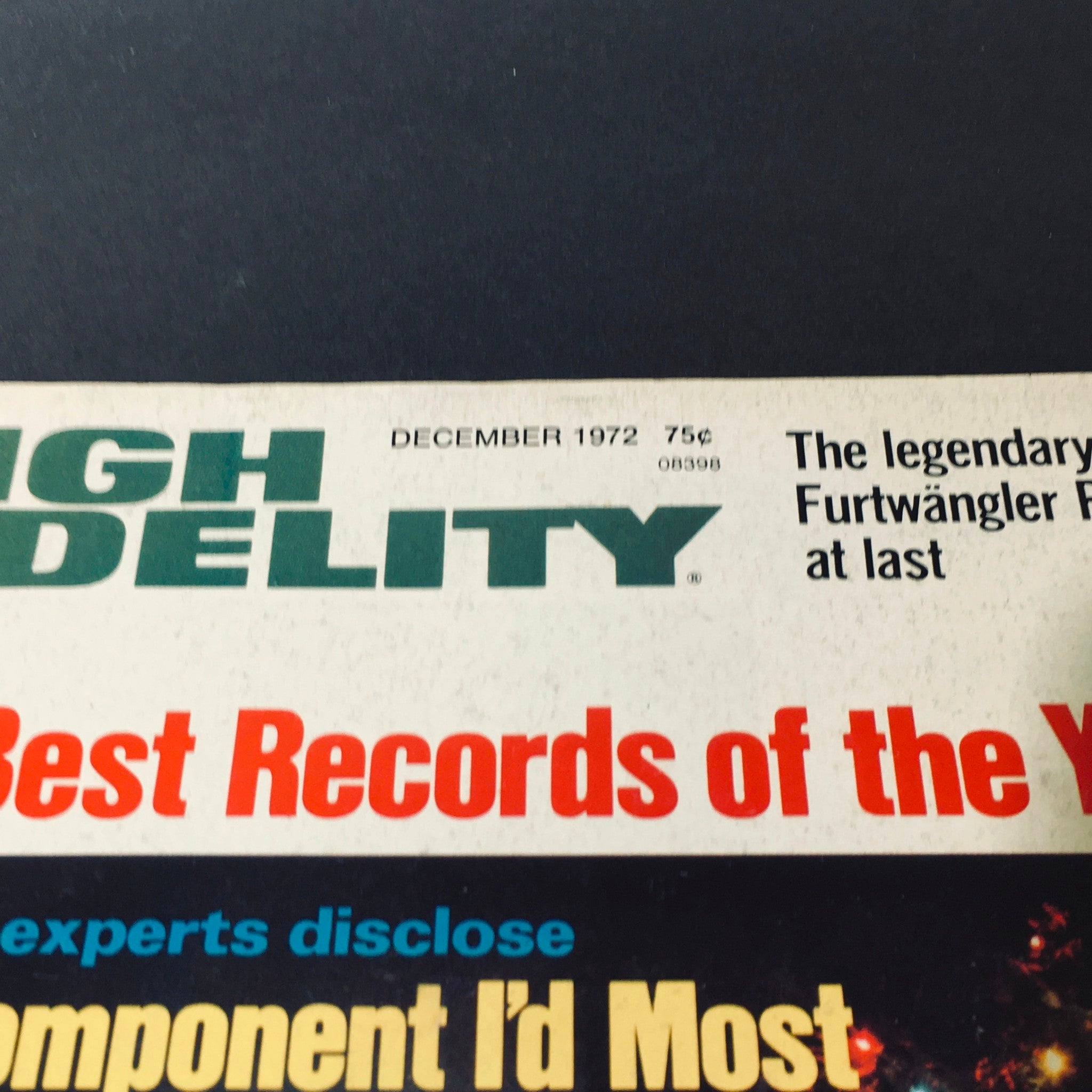 Close-up of the title section of the VTG High Fidelity Magazine December 1972 displaying the magazine's name and features.
