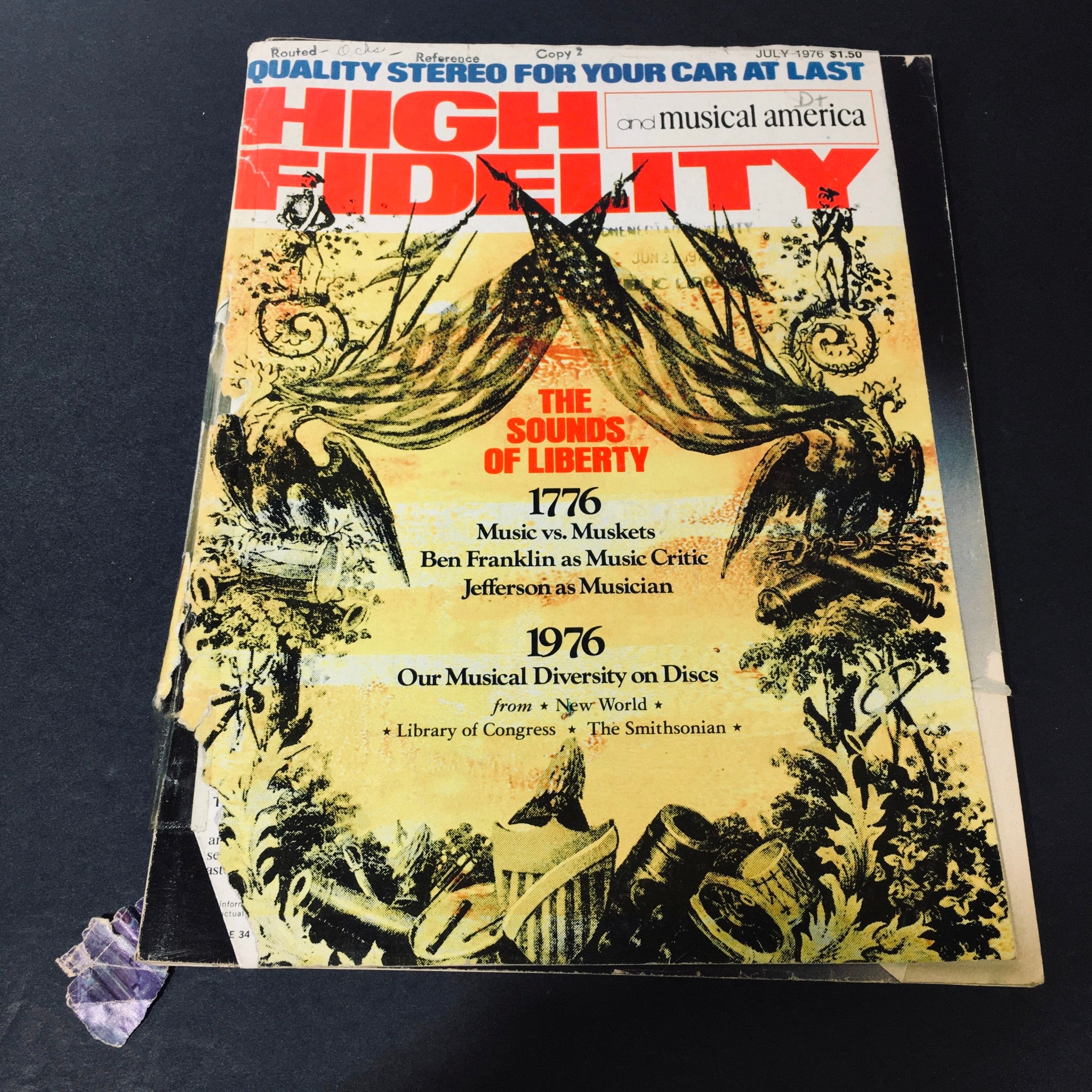 Cover of High Fidelity Magazine July 1976 featuring the title 'The Sounds of Liberty', showcasing Ben Franklin and Jefferson as musicians.
