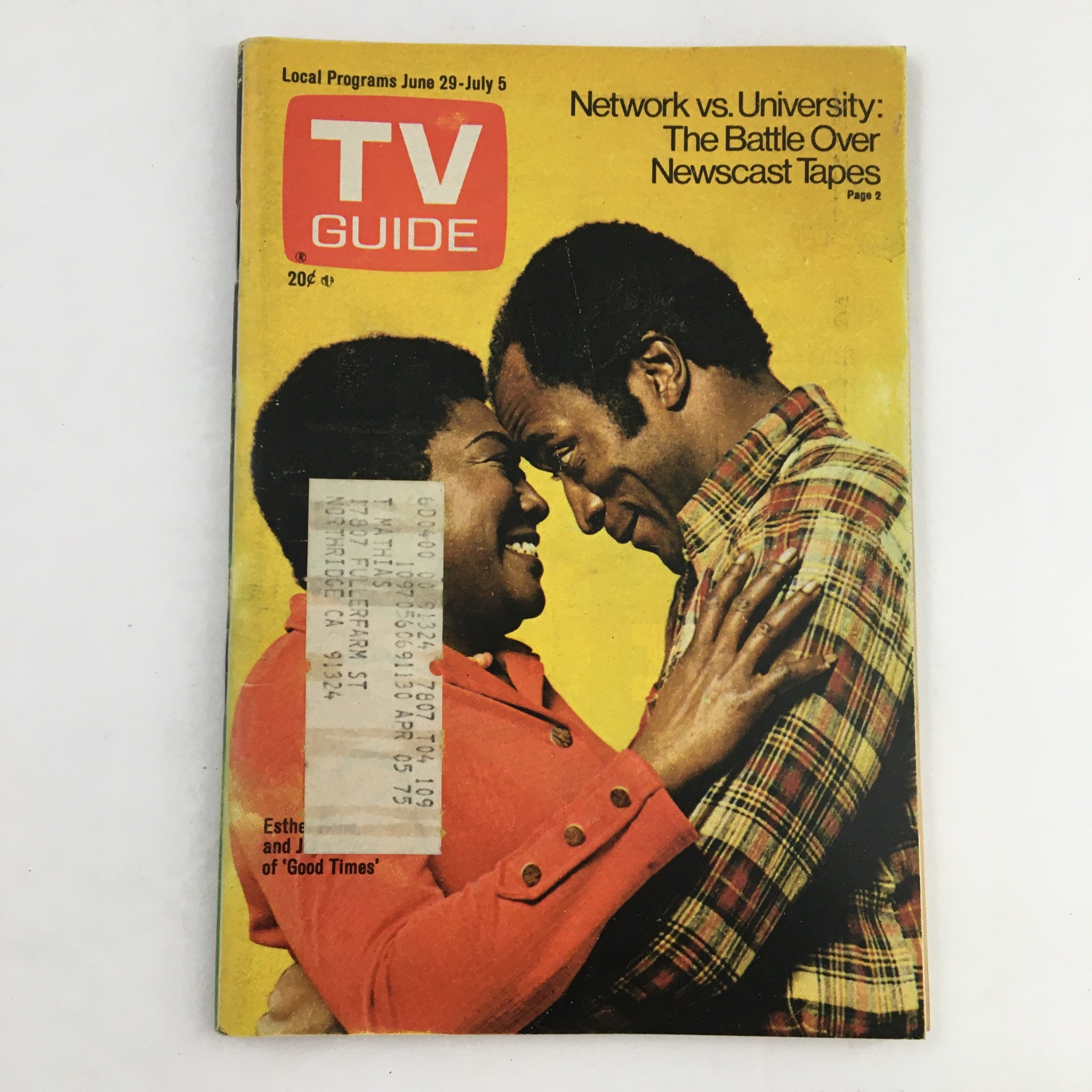 TV Guide Magazine June 23 1974, featuring Esther Rolle and John Amos from 'Good Times', showcases vibrant yellow cover graphics and an address label.