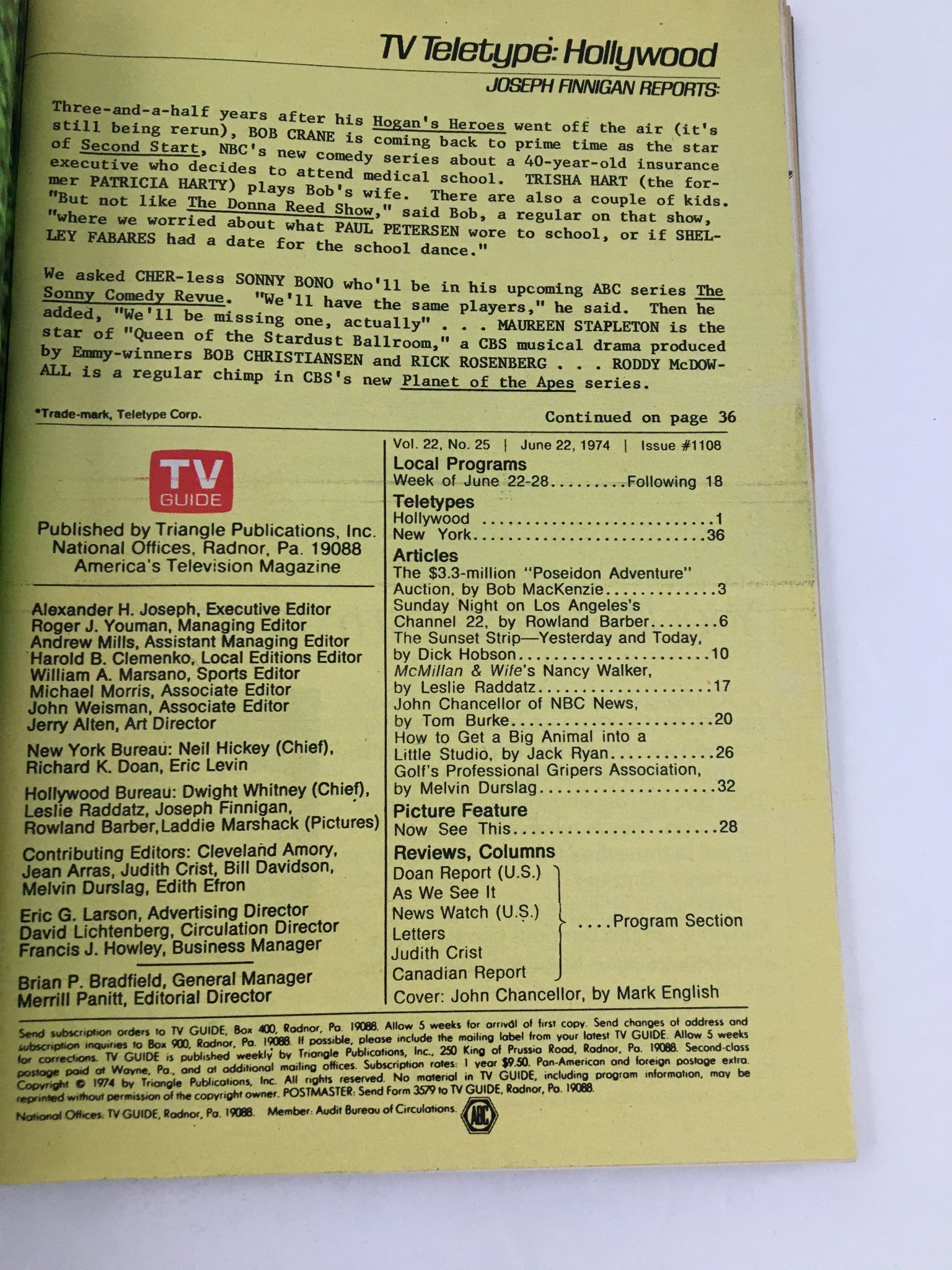 Back cover of TV Guide Magazine June 22 1974 displaying articles and features, including TV Teletype: Hollywood with a yellow background.