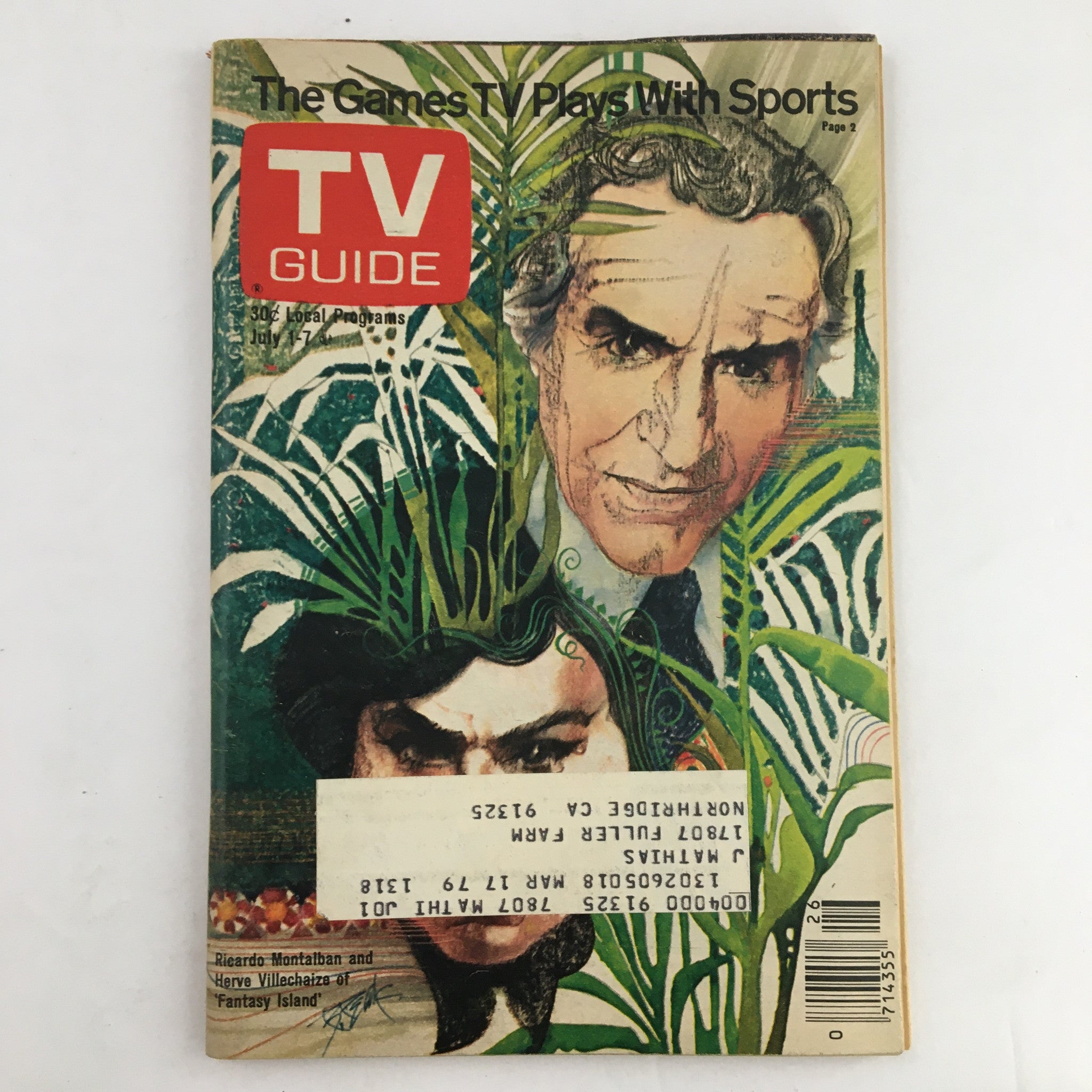 Cover of TV Guide Magazine July 1, 1978 featuring Herve Villechaize and Ricardo Montalban amidst lush tropical foliage, showcasing the iconic duo from the show Fantasy Island.