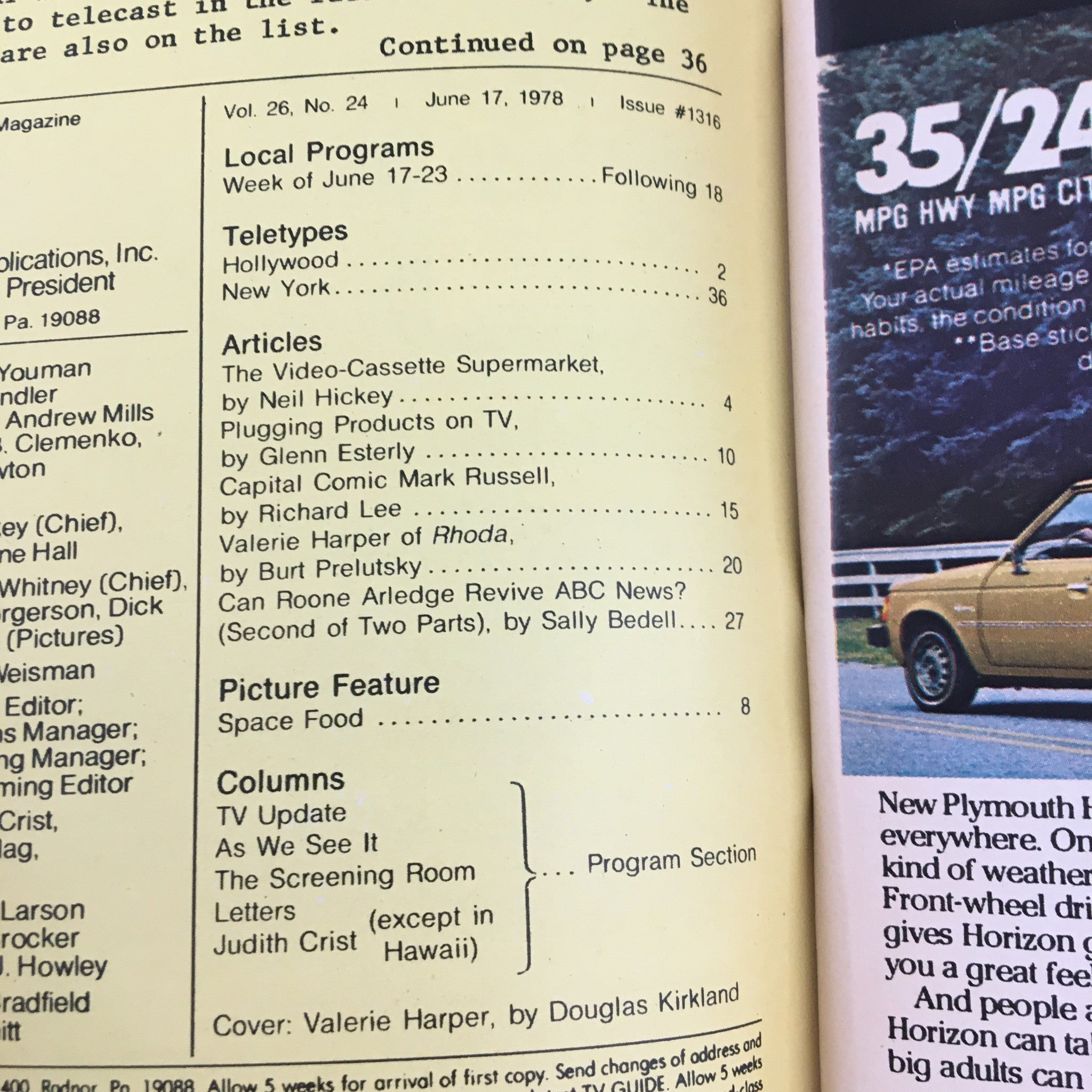 Inside page of the TV Guide Magazine June 17 1978, highlighting articles and sections including Valerie Harper of 'Rhoda'.