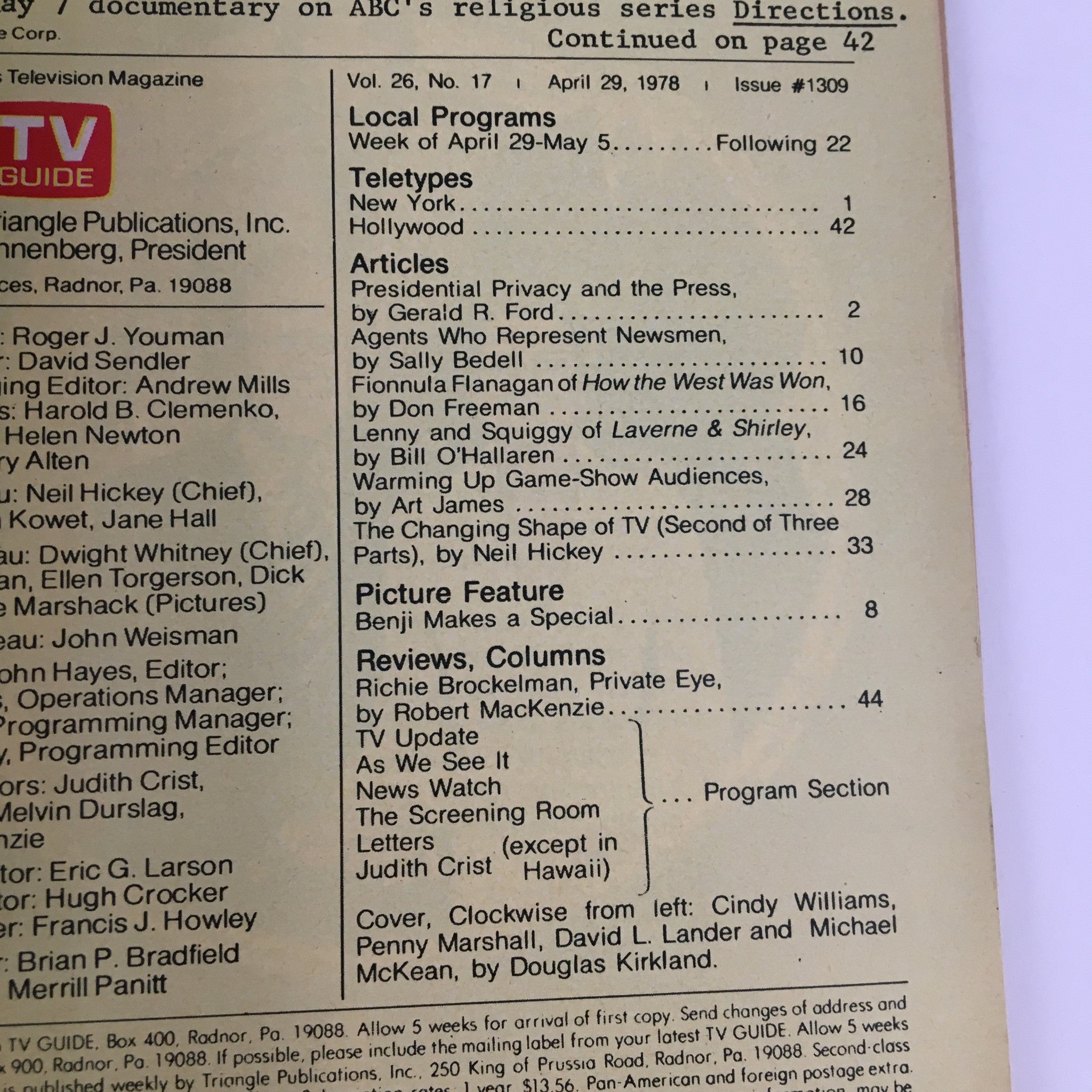 Inside spread of TV Guide Magazine April 29 1978, detailing articles including topics on presidential privacy and television trends, featuring content related to the show Laverne & Shirley.