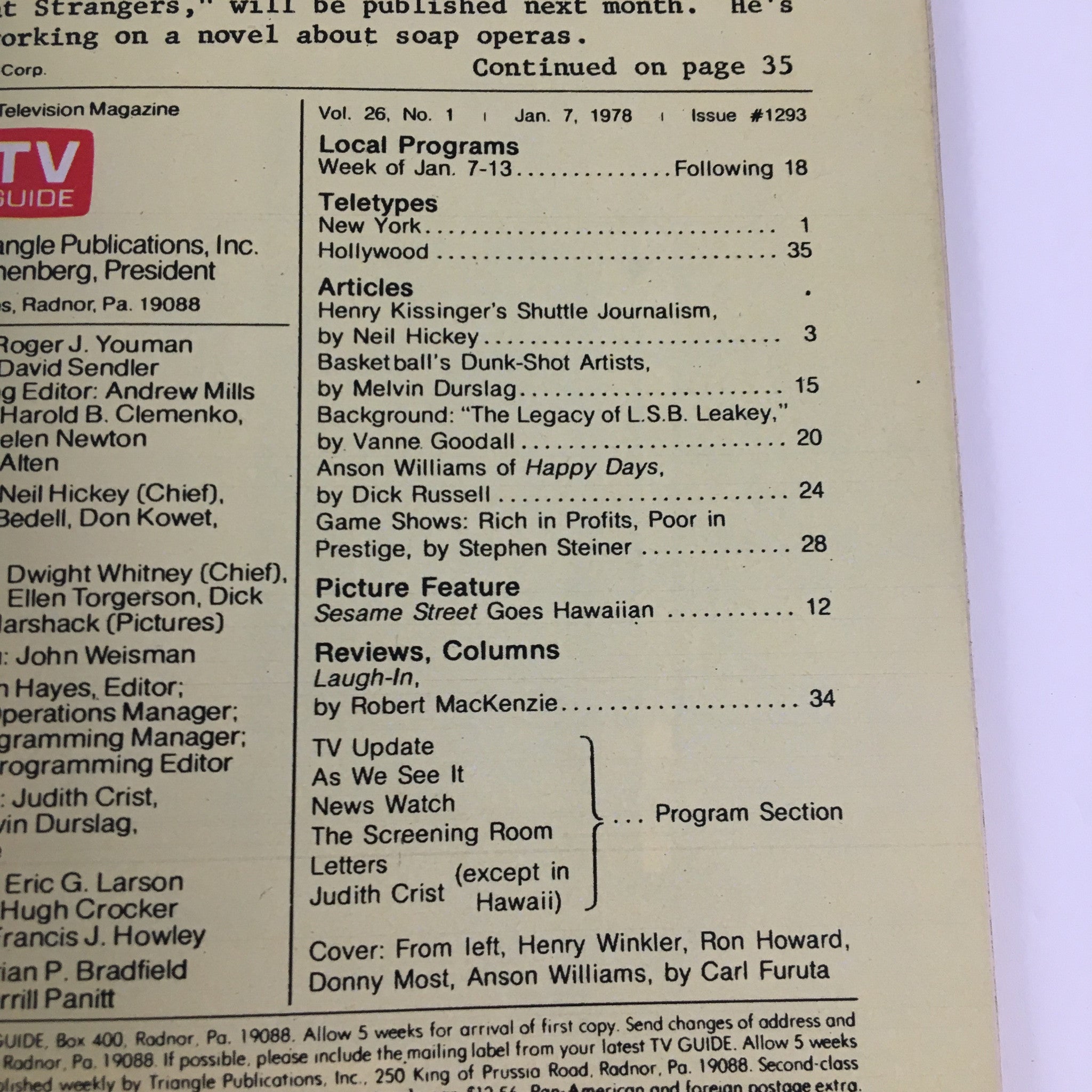 TV Guide Magazine January 7 1978 Henry Winkler and Ron Howard L.A. Edition