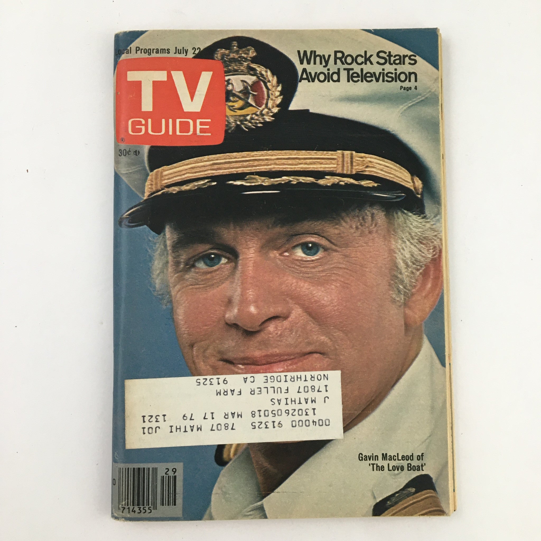 TV Guide Magazine July 22 1978 featuring Gavin MacLeod from The Love Boat, showing him in a captain's outfit on the cover.