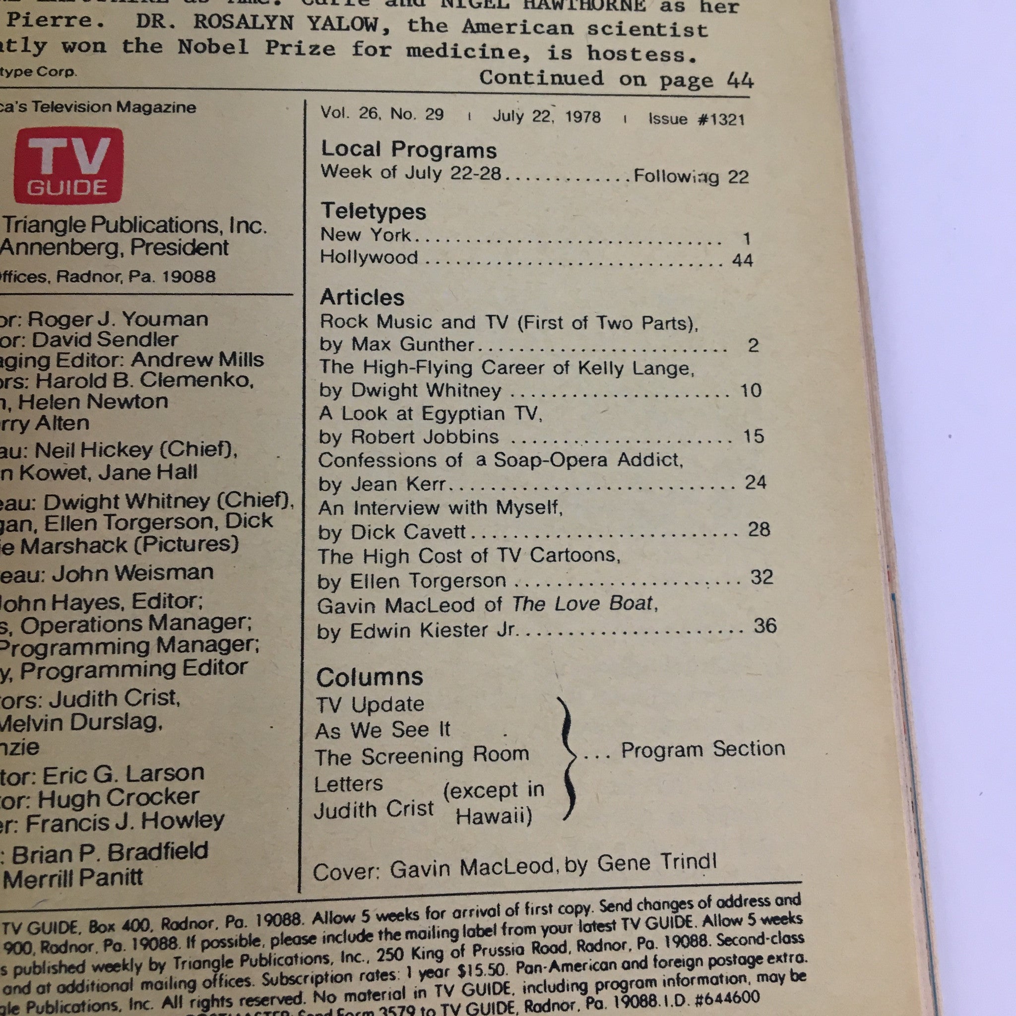 TV Guide Magazine July 22 1978, inside content featuring Gavin MacLeod of The Love Boat, containing articles and program listings.