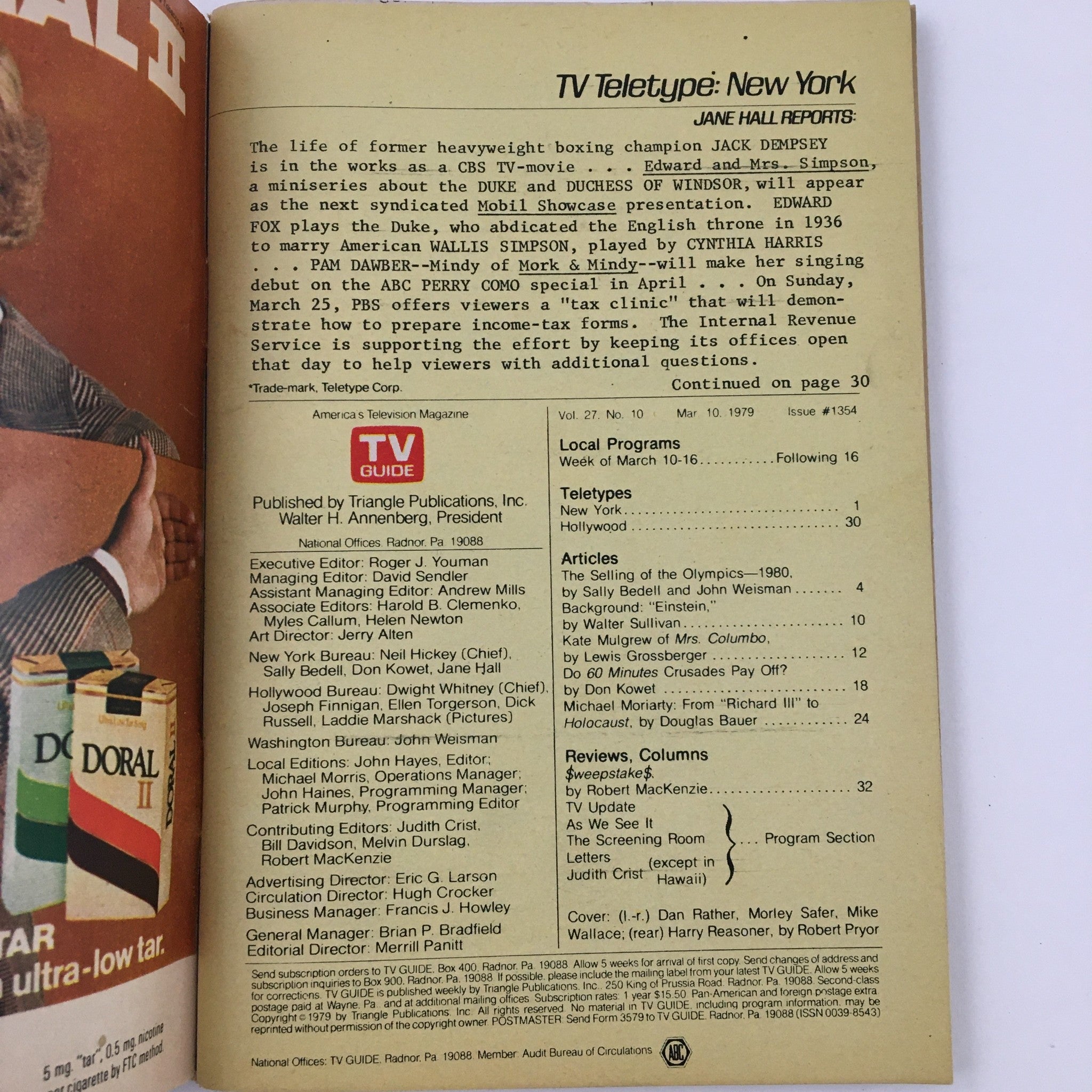 Inside page of TV Guide Magazine March 10 1979 detailing local programming and articles. An informative snippet from the era's television landscape.