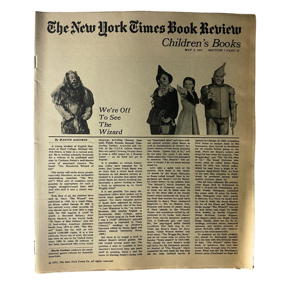 The New York Times Magazine May 2, 1971 featuring a children's book review titled 'We're Off To See The Wizard', showcasing iconic characters from the beloved story. This vintage issue highlights children's literature and culture of the 1970s.