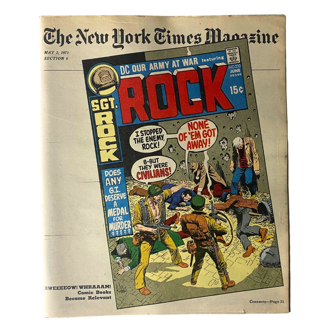 Cover of The New York Times Magazine dated May 2, 1971 featuring the theme "Comic Book Becomes Relevant" with a comic design of Sgt. Rock by DC. This vintage magazine highlights cultural discussions of the early '70s.