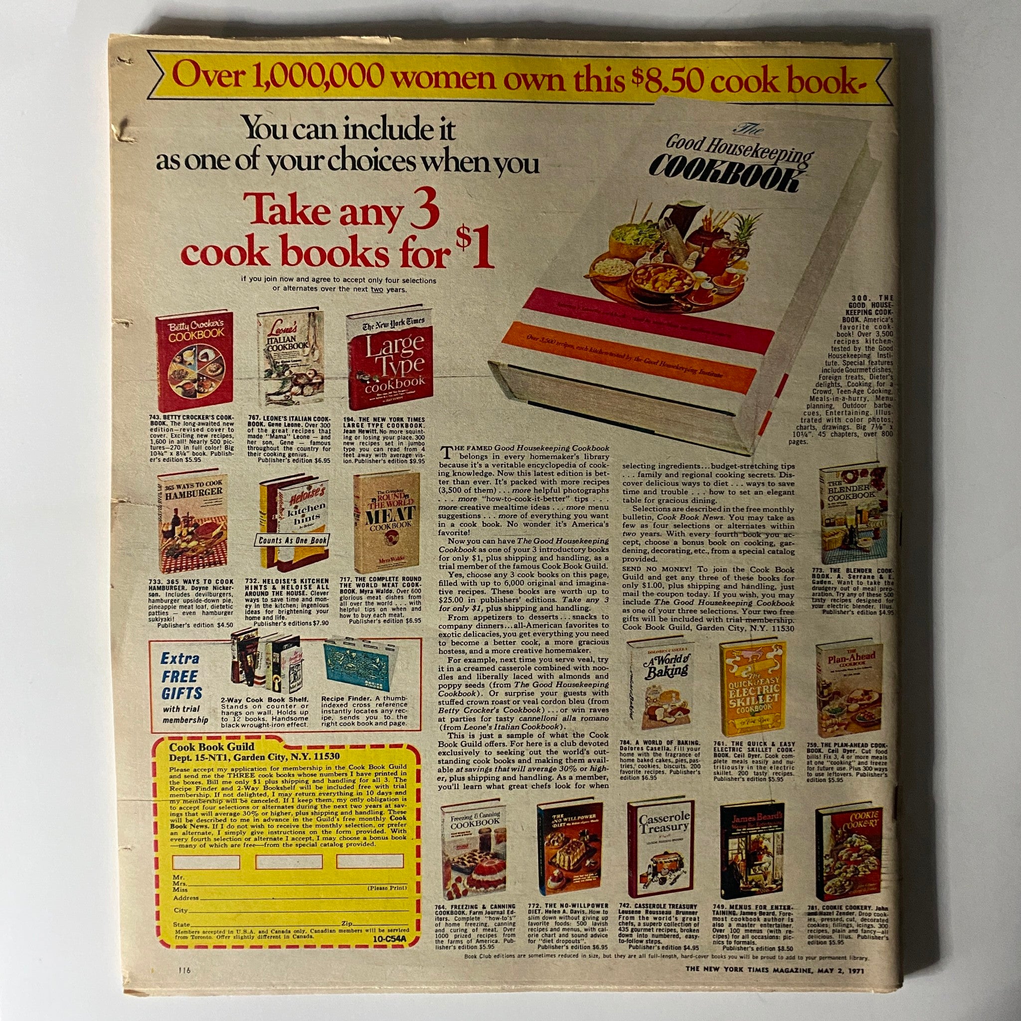 Vintage advertisement from The New York Times Magazine May 2, 1971, showcasing cookbooks and promotional offer to take any 3 cookbooks for $1, reflecting cultural trends of the early '70s.