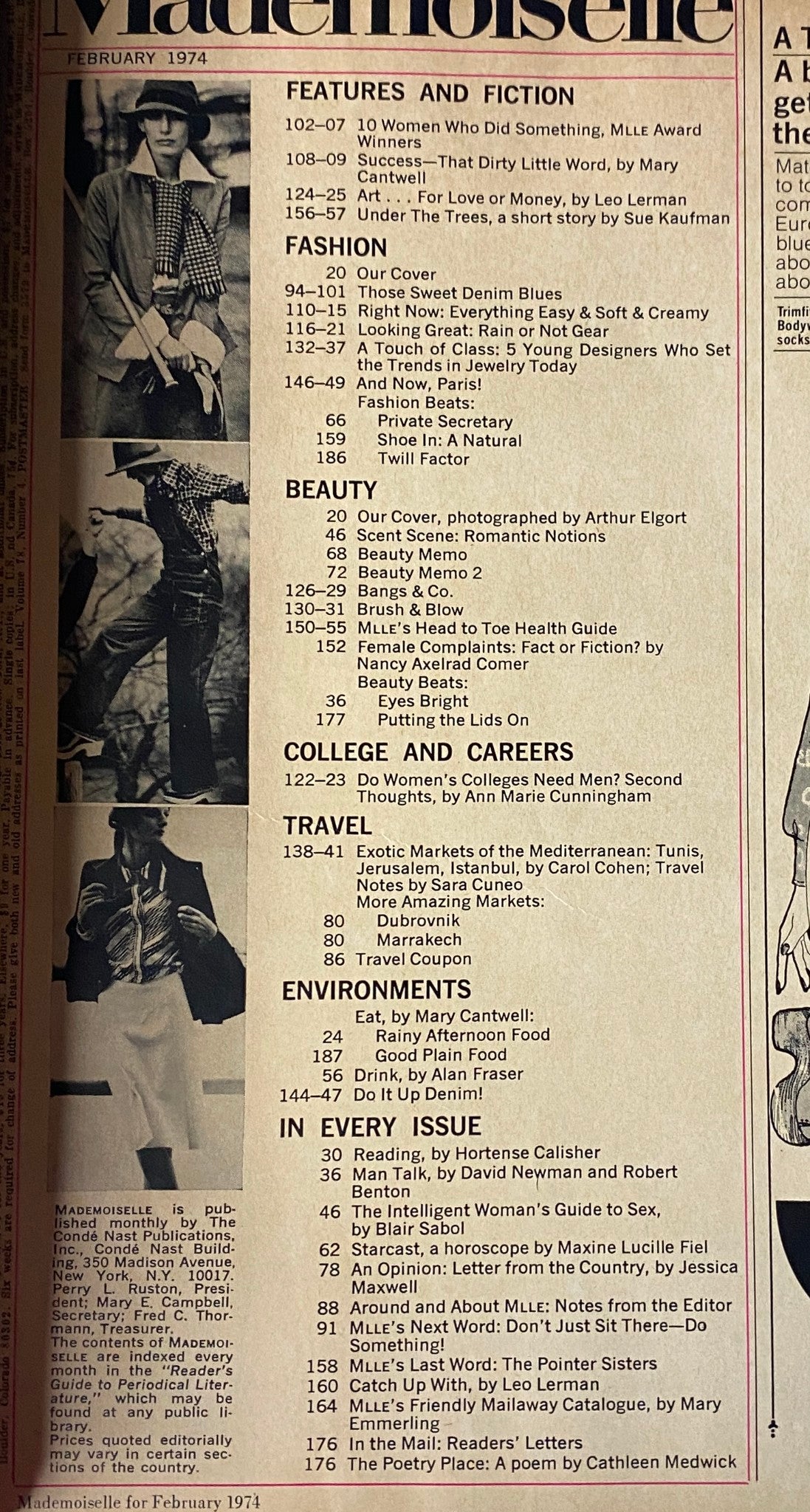 Table of contents page from Mademoiselle Magazine February 1974, listing features like 'Fashion,' 'Beauty,' and 'College & Careers' along with page numbers.