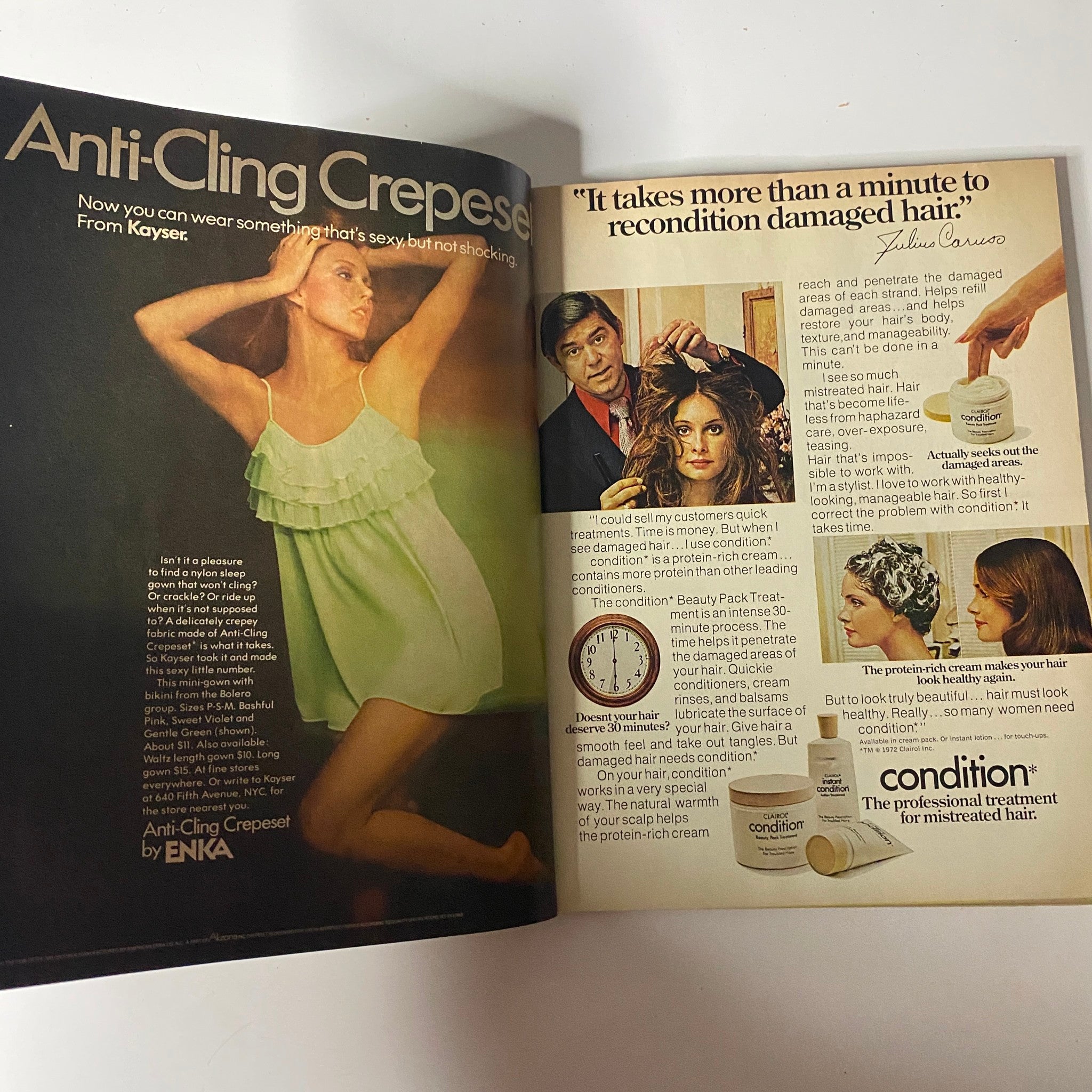 Mademoiselle Magazine February 1974 advertisement for Anti-Cling Crepese by Kaytex, showcasing a model in a green dress, emphasizing comfort and style.