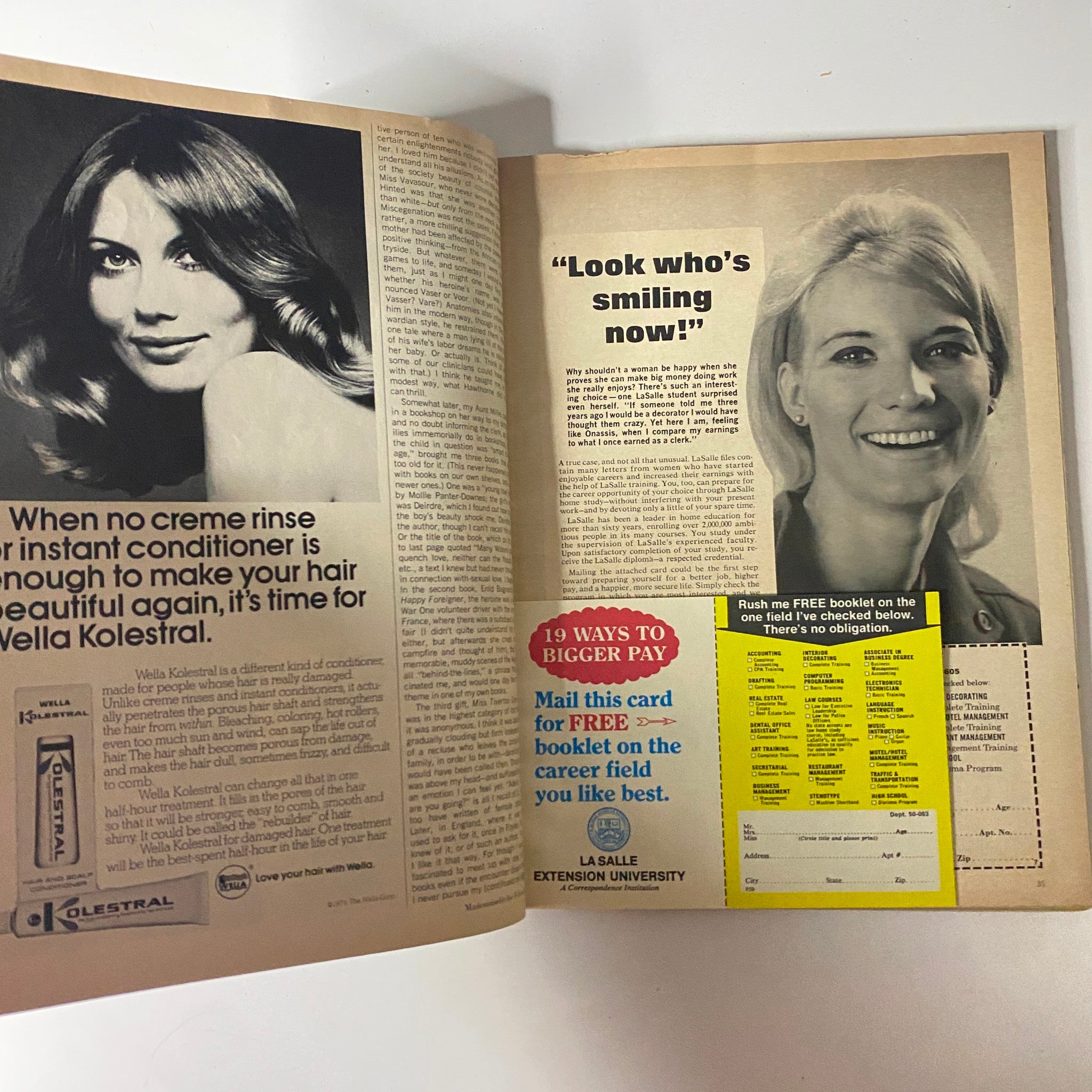 Mademoiselle Magazine February 1974 image featuring an advertisement for Vella Kolestral instant conditioner, with a before-and-after photo of a woman’s hair transformation.
