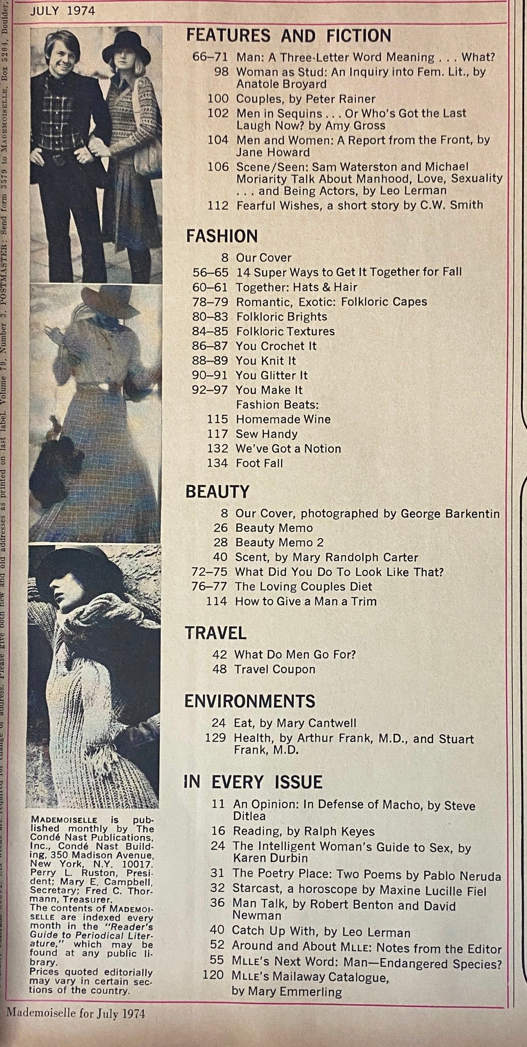 Mademoiselle Magazine July 1974 features listing with articles like 'Man: A Three-Letter Word Meaning...' and 'How to Give a Man a Trim', showcasing various sections such as Fashion, Beauty, and Travel.