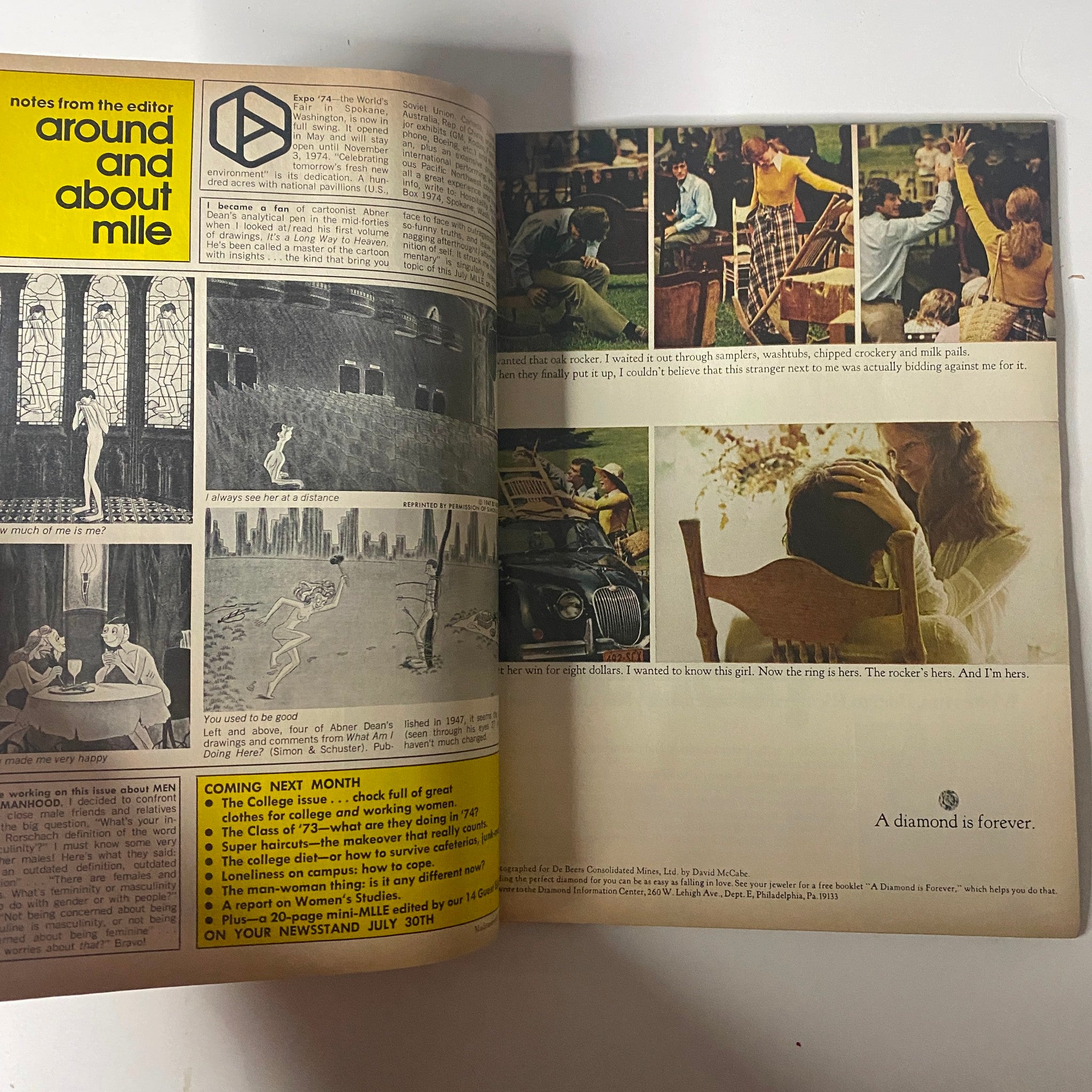 Mademoiselle Magazine July 1974, Notes from the Editor page with artistic illustrations and the introduction of upcoming features including a section titled 'A diamond is forever'.
