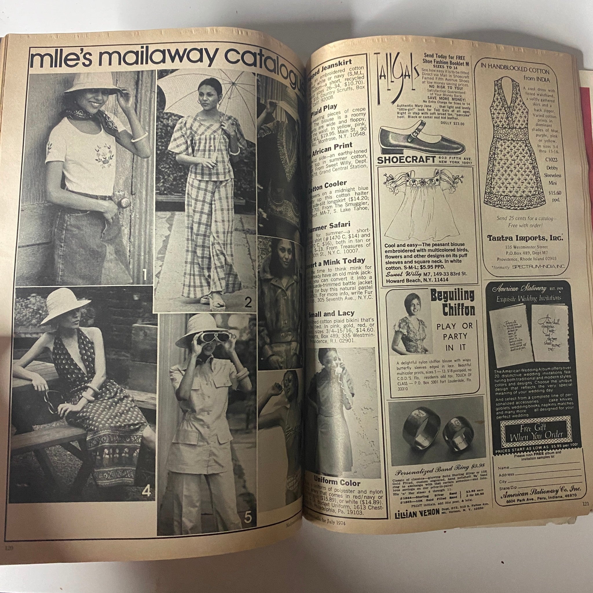 Mademoiselle Magazine July 1974, Mailaway Catalogue page displaying fashion items and accessories available for purchase, highlighting summer trends.