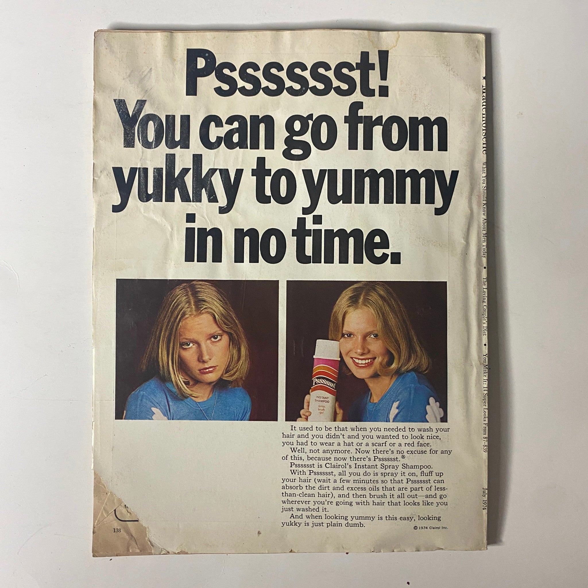 Back cover of Mademoiselle Magazine July 1974, featuring a bold call to action for hair care with the text 'You can go from yukky to yummy in no time' alongside a product advertisement.