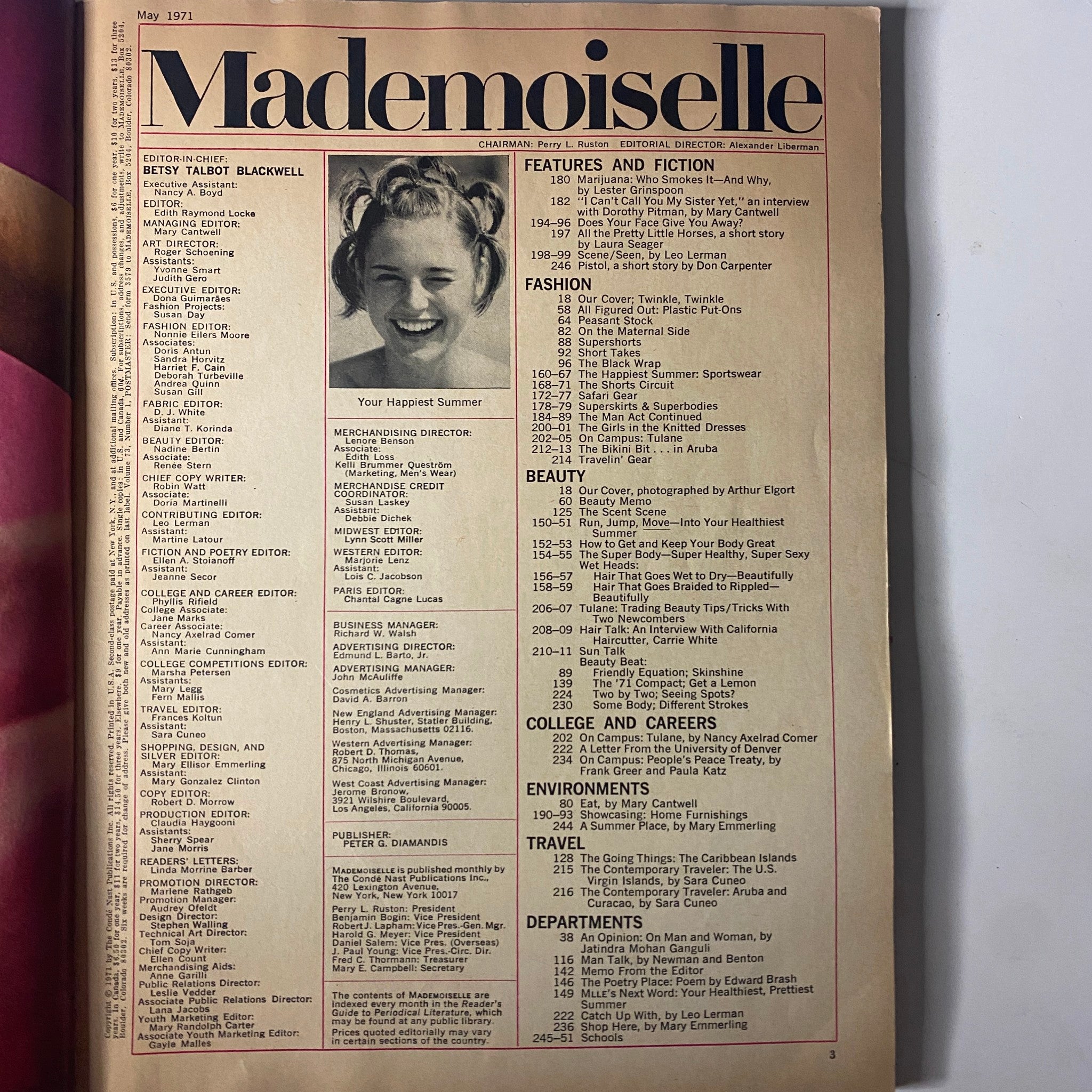 Mademoiselle Magazine May 1971 The Beauty Issue table of contents, showcasing features on fashion, beauty, and fiction.