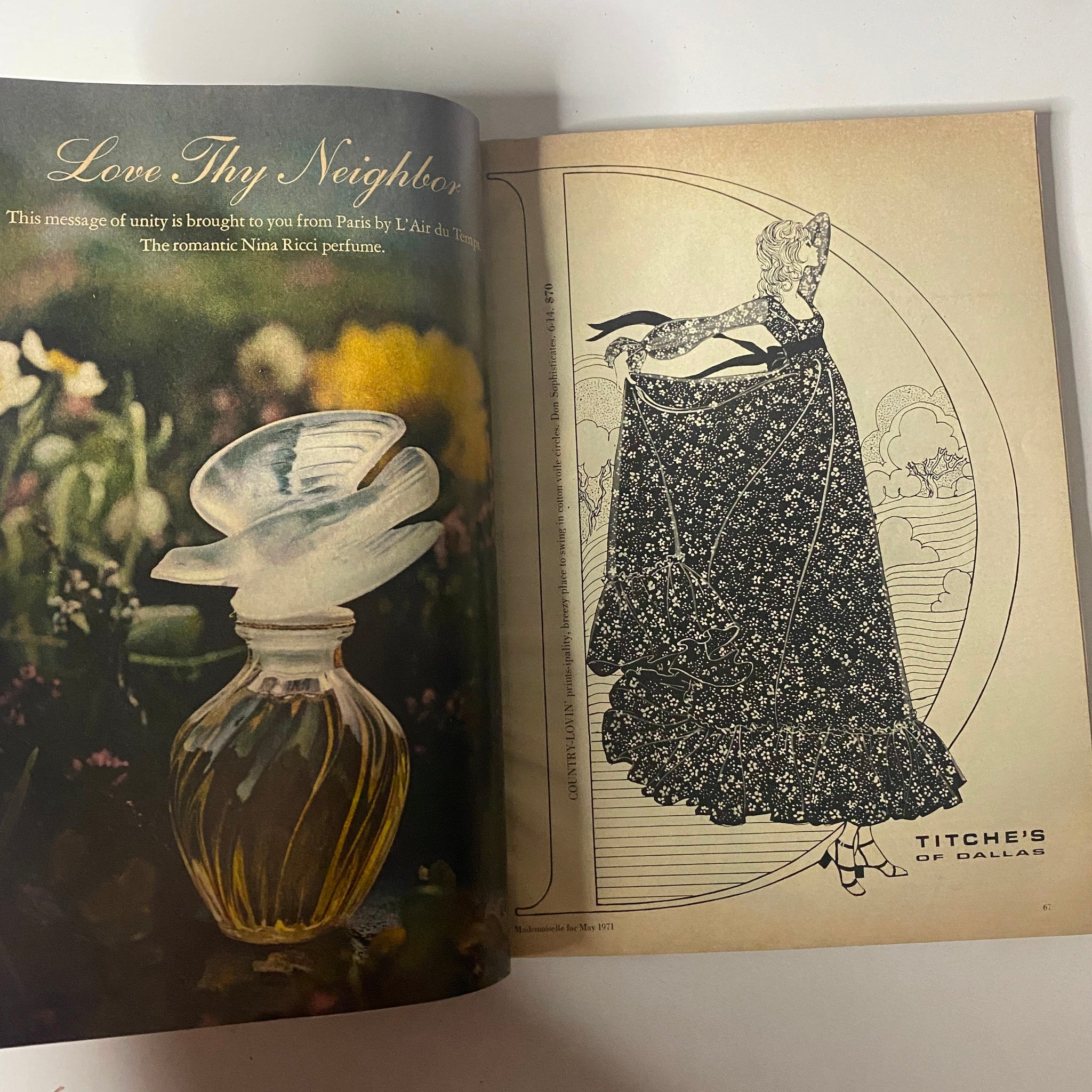 Mademoiselle Magazine May 1971 The Beauty Issue page featuring an advertisement for perfume with a floral illustration and elegant design.