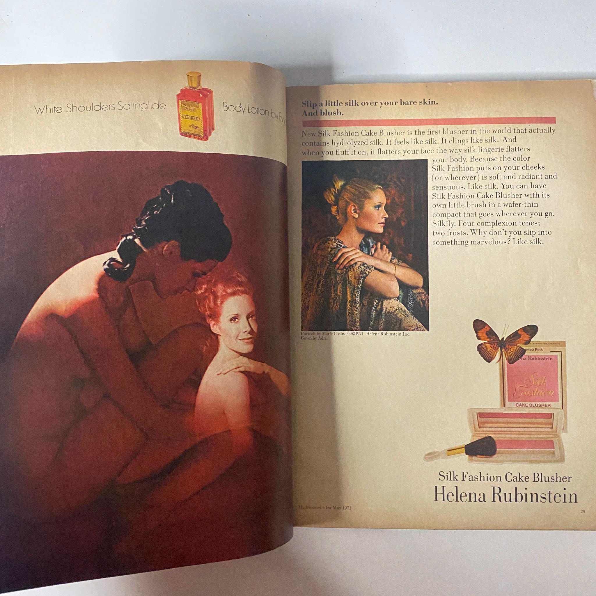 Mademoiselle Magazine May 1971 The Beauty Issue page showcasing a beauty product advertisement with women discussing makeup.