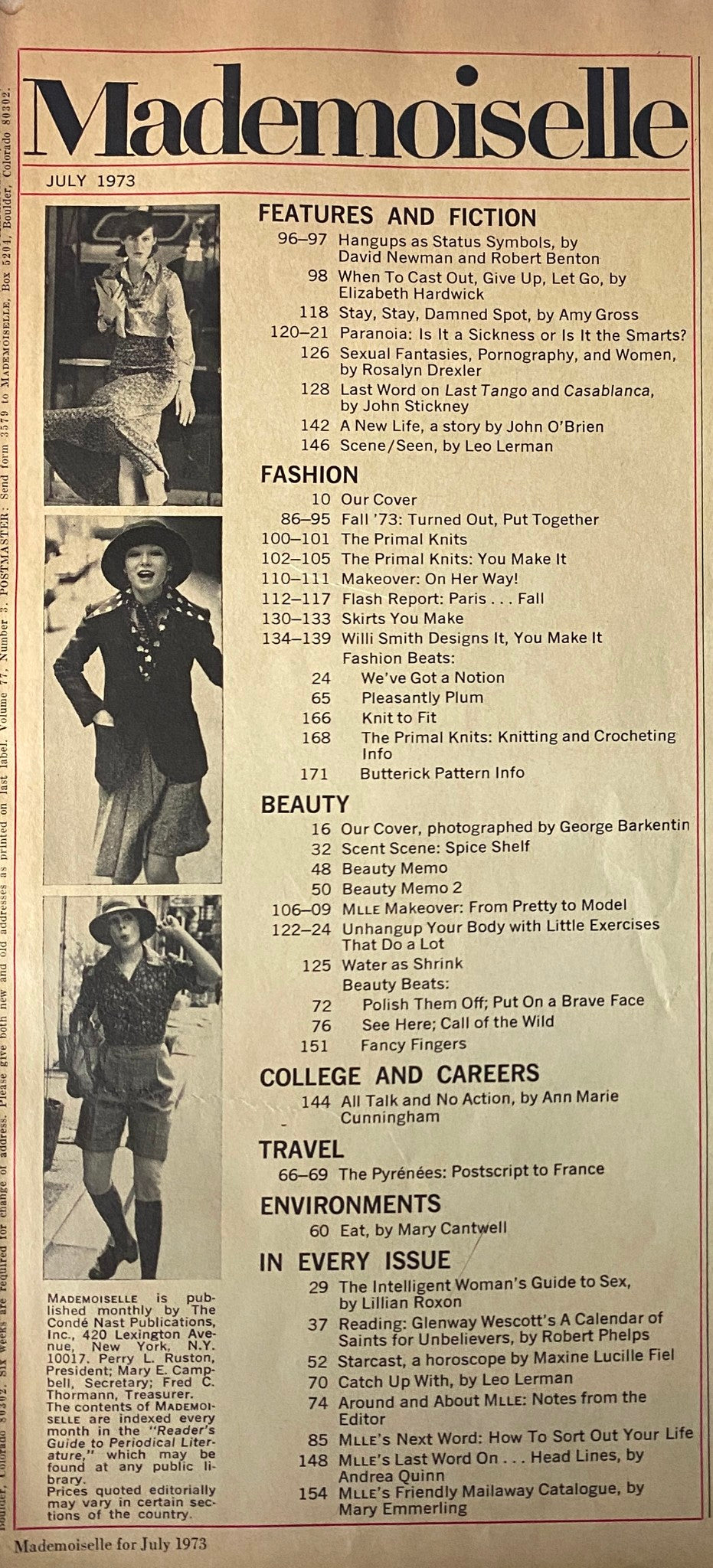 Table of contents page from Mademoiselle Magazine, July 1973. This page outlines the features, fashion, beauty tips, and fictional stories included in the issue, highlighting sections such as 'Hangups as Status Symbols' and 'Fall ’73 Preview'.