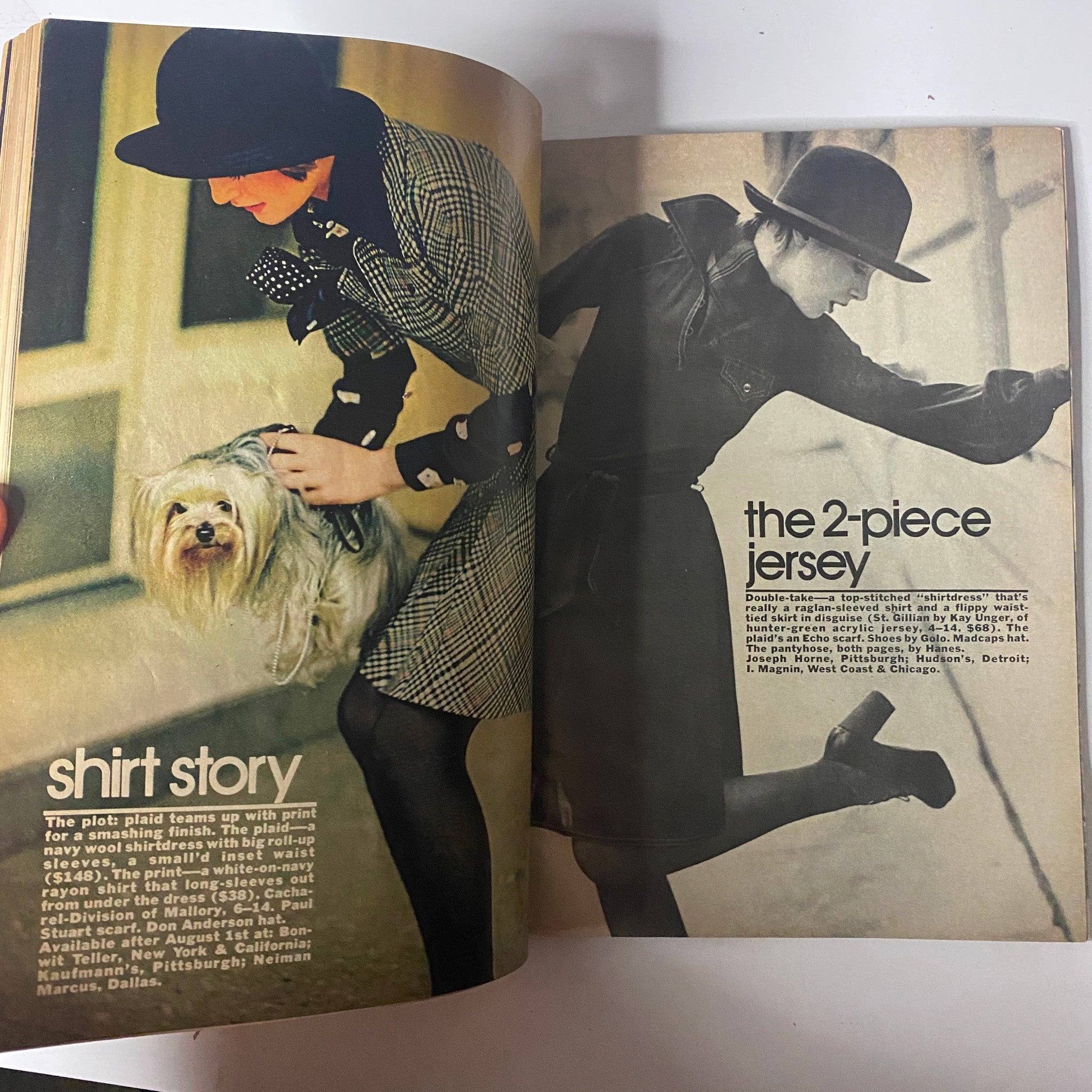 Fashion spread from Mademoiselle Magazine, July 1973, featuring a stylish model in a checkered outfit walking a small dog, highlighting the magazine's coverage of contemporary fashion trends.