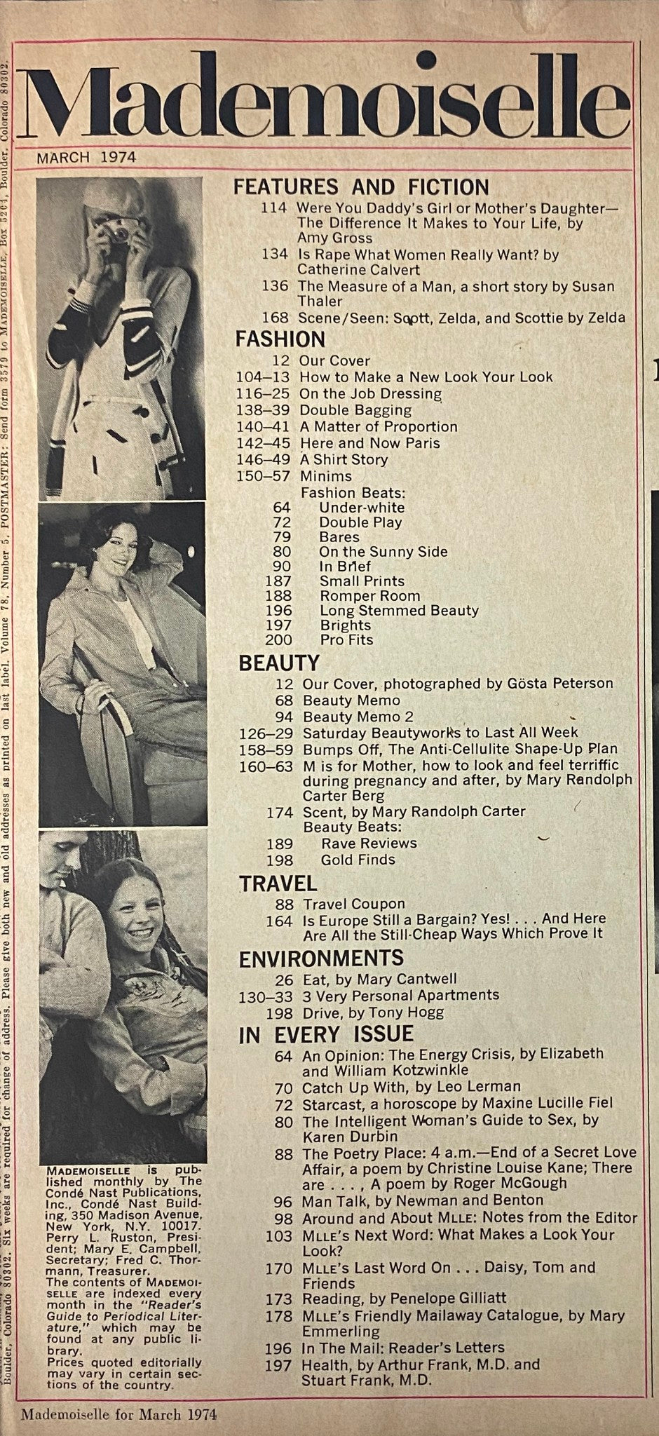 Table of contents page from Mademoiselle Magazine March 1974, detailing features, fiction, beauty, and travel sections including memorable articles like 'Were You Daddy’s Girl or Mother’s Daughter?'