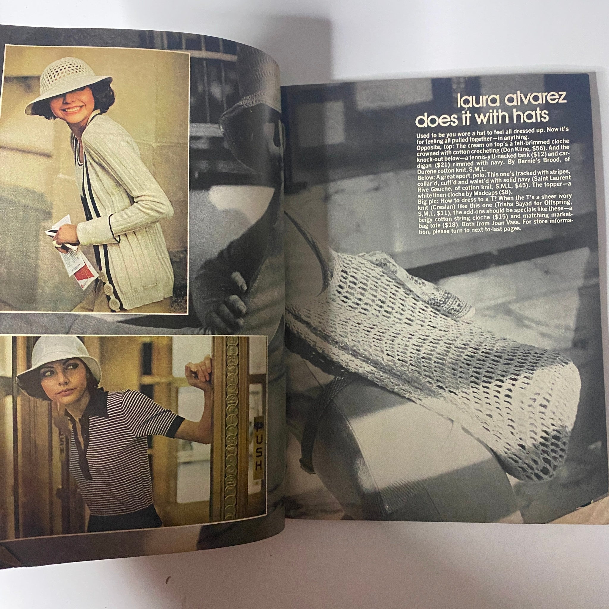 A fashion feature from Mademoiselle Magazine March 1974 featuring Laura Alvarez modeling hats, demonstrating trends in hat styles and accessories.