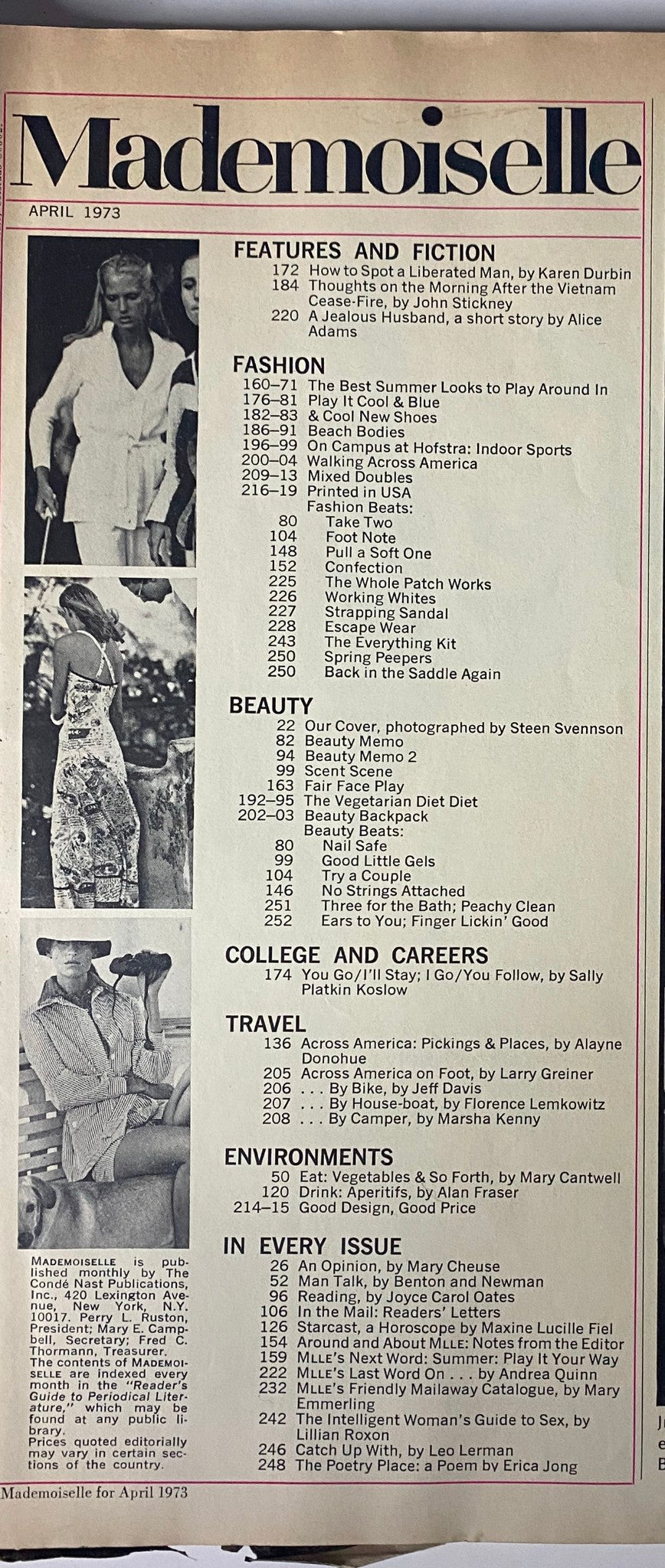 Contents page from Mademoiselle Magazine April 1973, listing features including 'How to Spot a Liberated Man'.