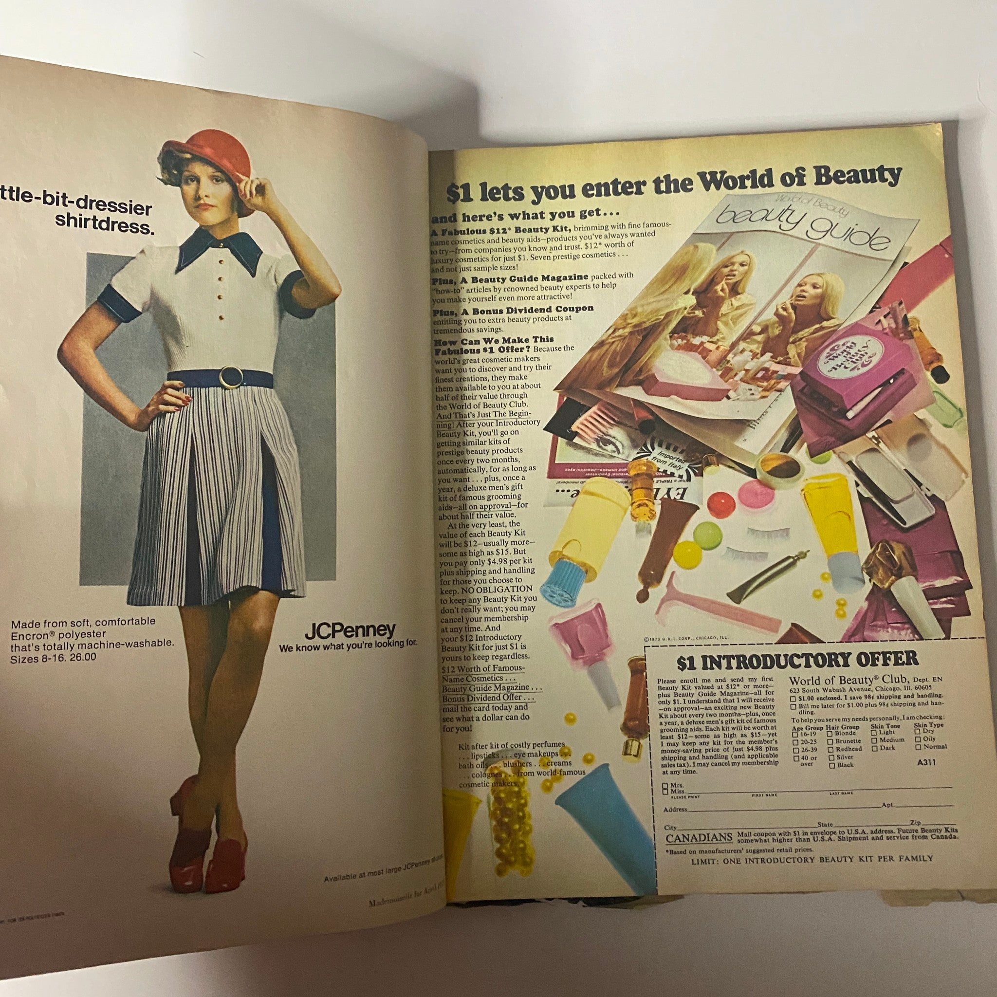 Advertisement from Mademoiselle Magazine April 1973 promoting beauty products and offers.