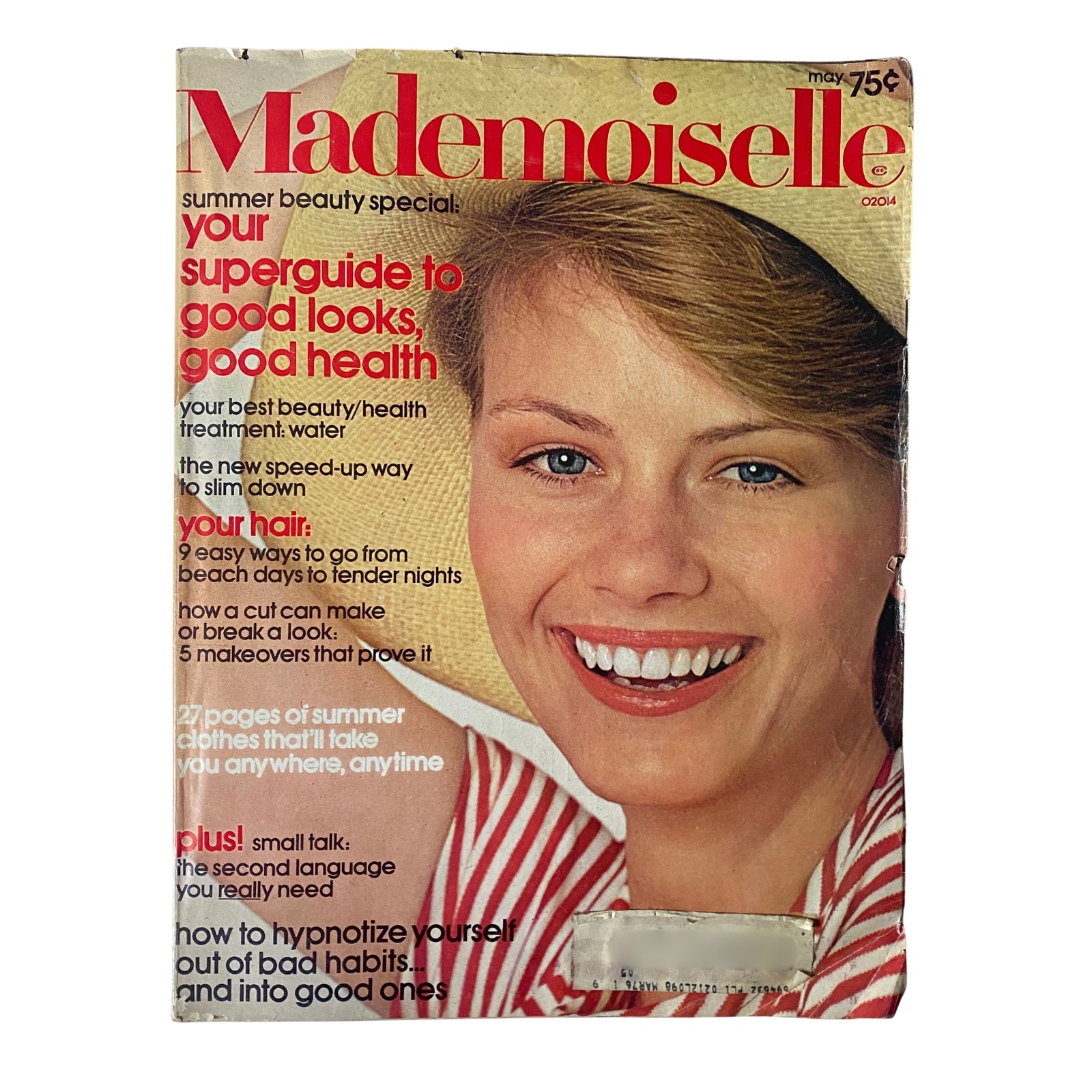 Mademoiselle Magazine May 1974 cover featuring a smiling woman with a striped shirt discussing summer beauty, good health, and articles including 'How to Hypnotize Yourself Out of Bad Habits'.