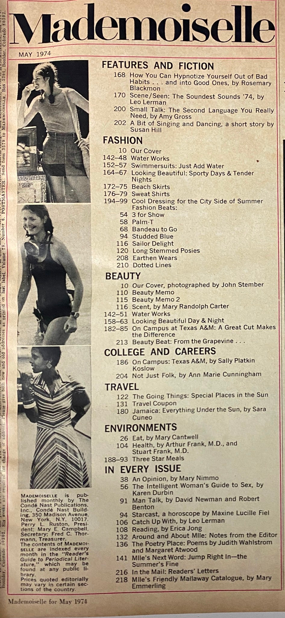 Inside page of Mademoiselle Magazine May 1974 showcasing the contents list, including articles like 'How You Can Hypnotize Yourself Out of Bad Habits' and various fashion and beauty tips.