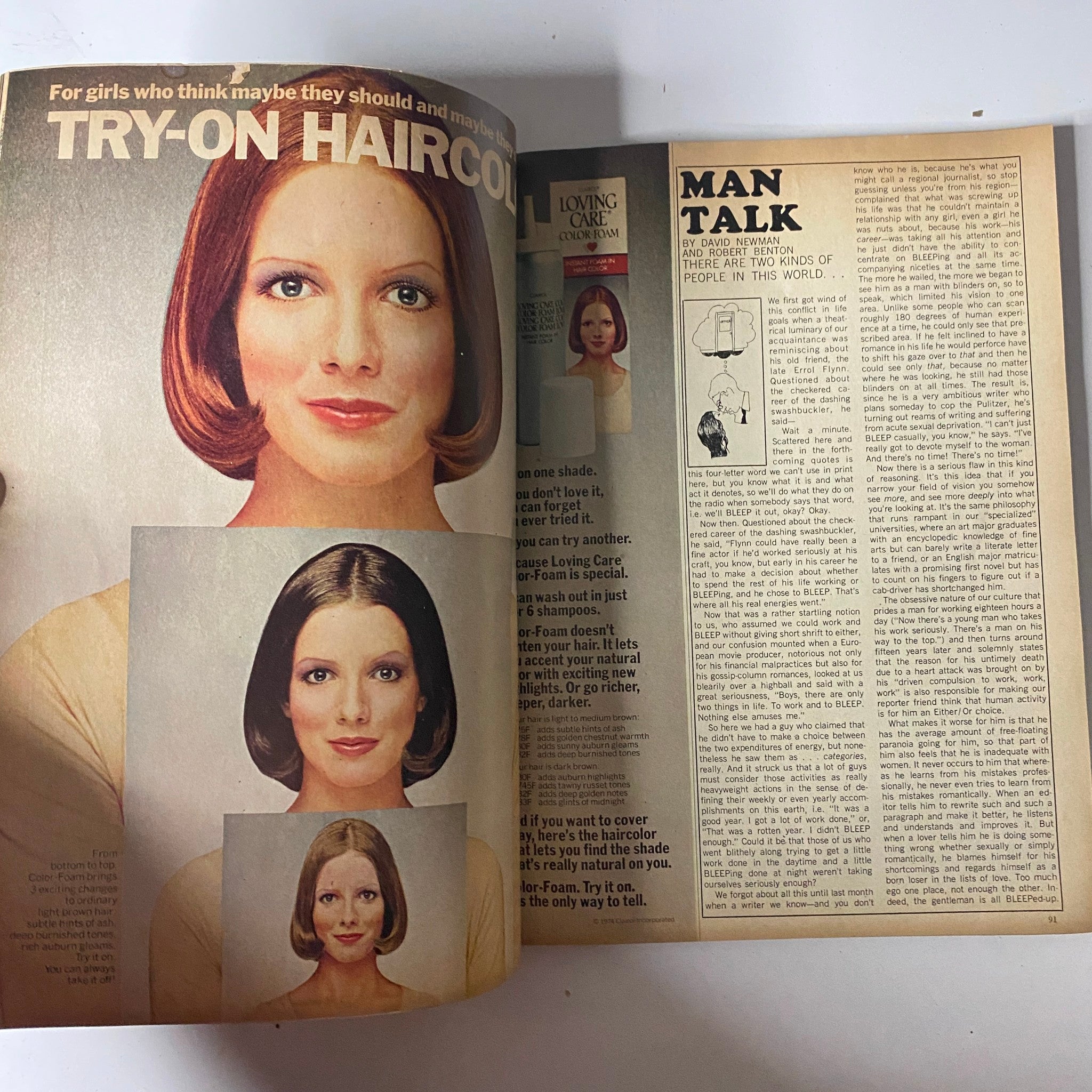 Spread from Mademoiselle Magazine May 1974 titled 'Try-On Haircuts', featuring models with different hairstyles and discussing hair styling tips in the context of self-improvement.