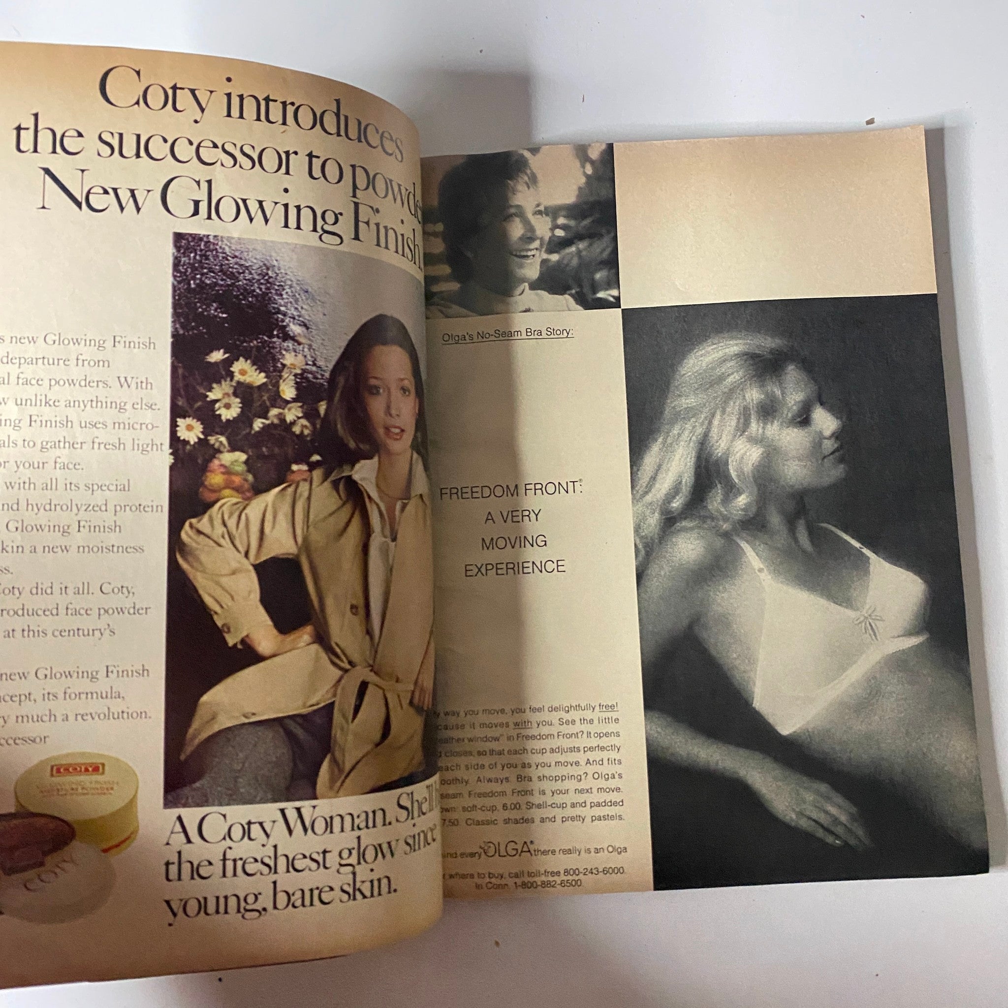 Advertisement in Mademoiselle Magazine May 1974 for Coty's New Glowing Finish, highlighting a model and promoting skin health and beauty products.