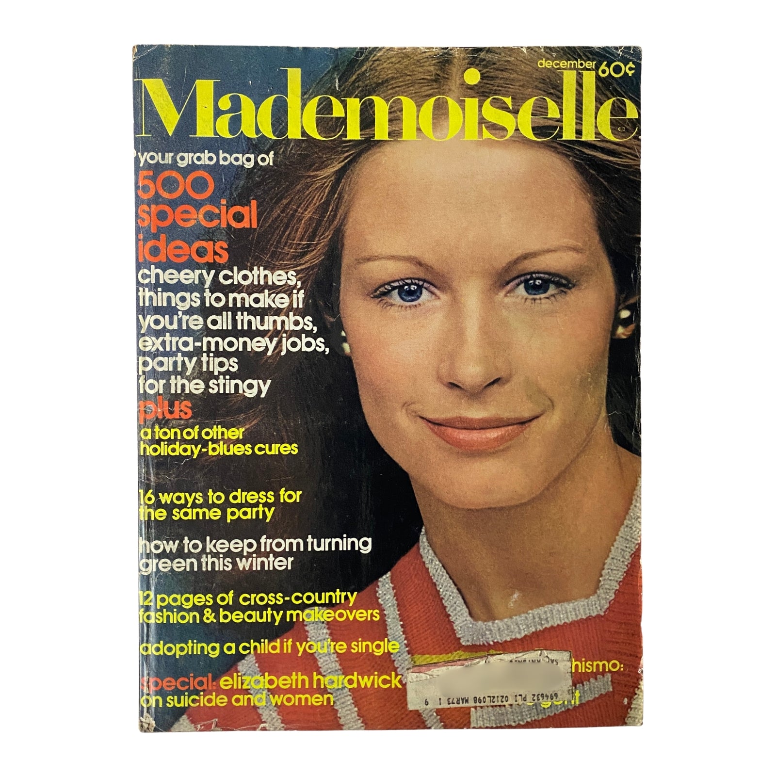 Mademoiselle Magazine December 1972 cover featuring a young woman with natural beauty, promoting the article 'How to Keep from Turning Green This Winter' and showcasing '500 special ideas' for winter fashion and beauty.