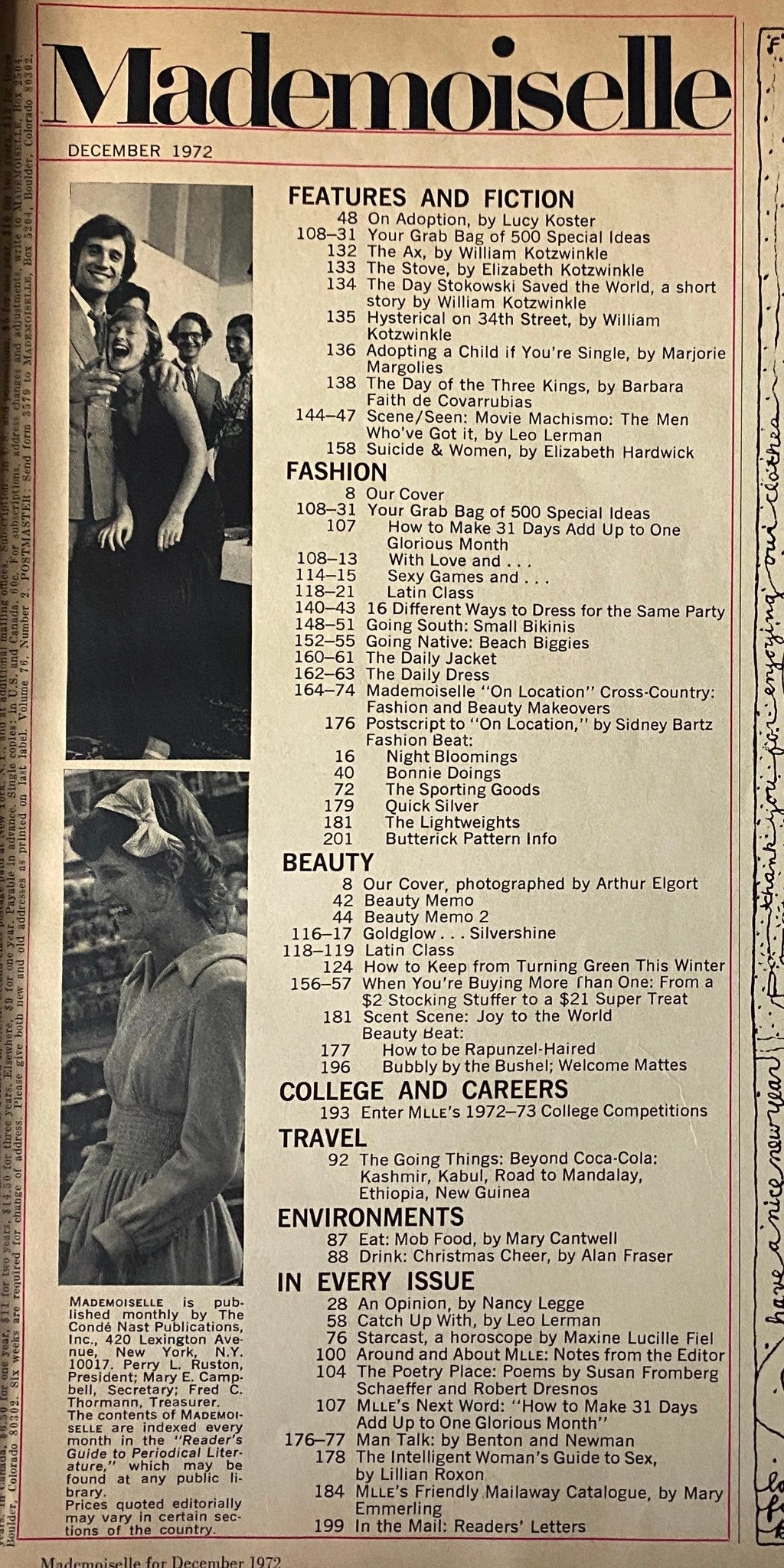 Inside page from Mademoiselle Magazine December 1972, displaying the table of contents that includes features and fiction like essays and holiday fashion tips, highlighting the issue's blend of beauty and seasonal inspiration.