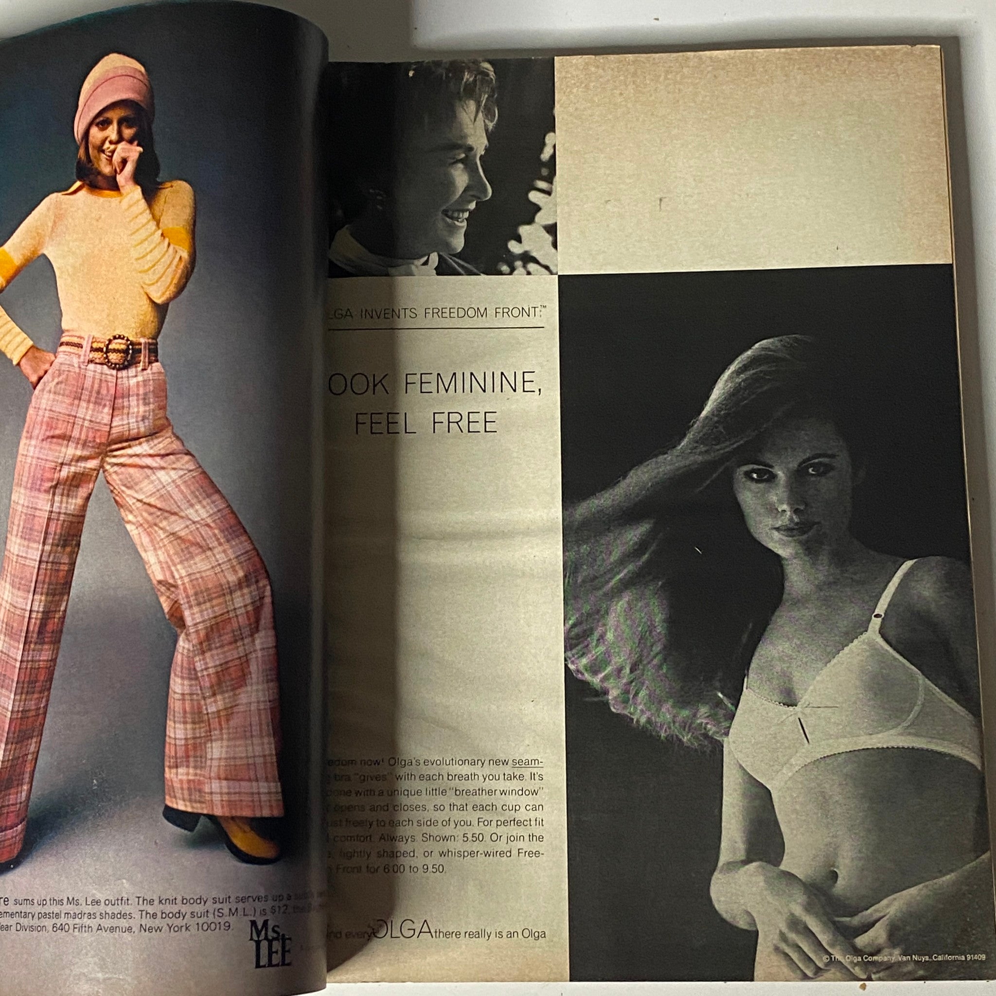 Fashion spread from Mademoiselle Magazine December 1972, featuring stylish outfits with bold patterns and vibrant colors, illustrating the magazine's article 'How to Keep from Turning Green This Winter' alongside beauty tips.