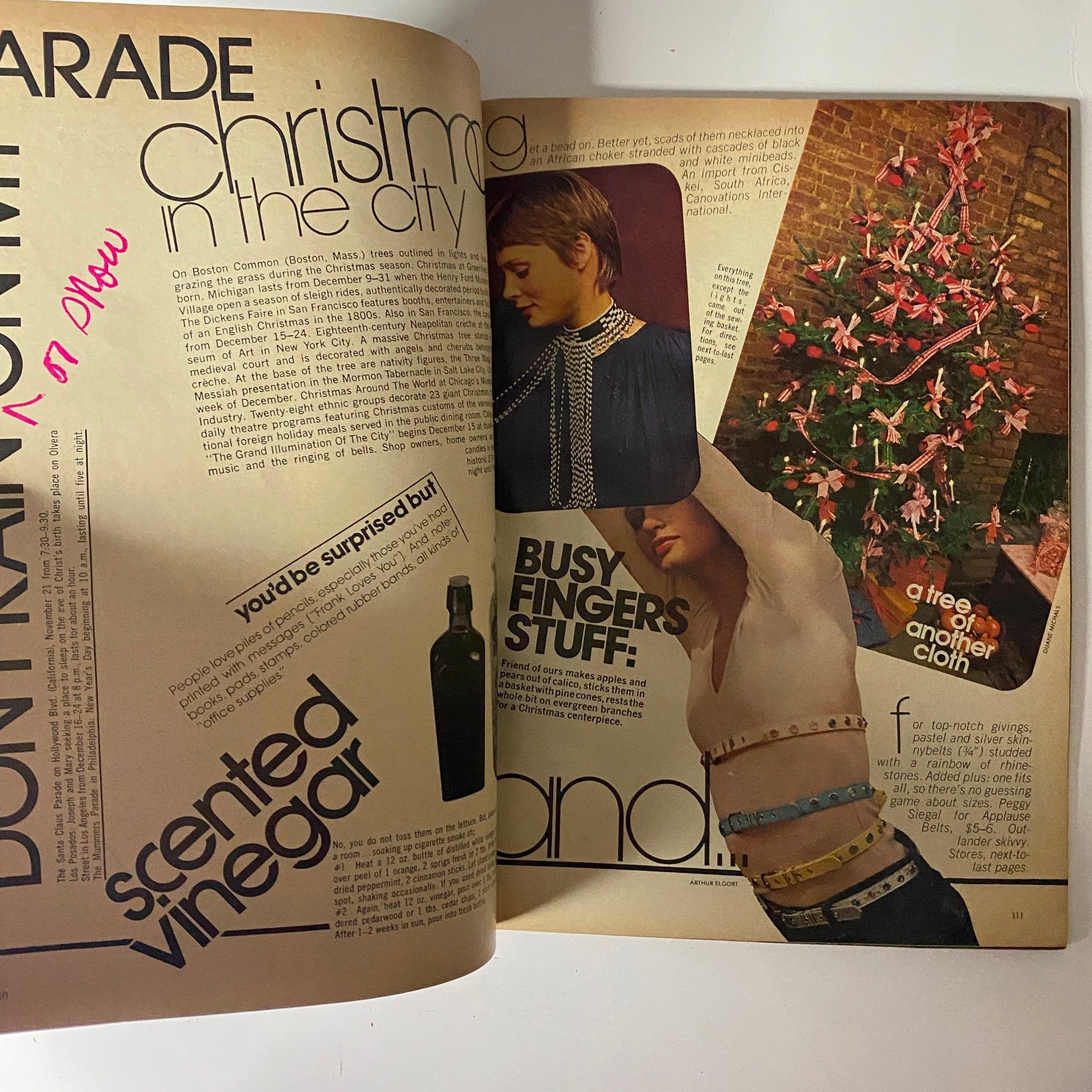 Mademoiselle Magazine December 1972 spread featuring a Christmas theme with festive decorations, busy fingers crafts ideas, and a seasonal beauty guide by Mademoiselle.
