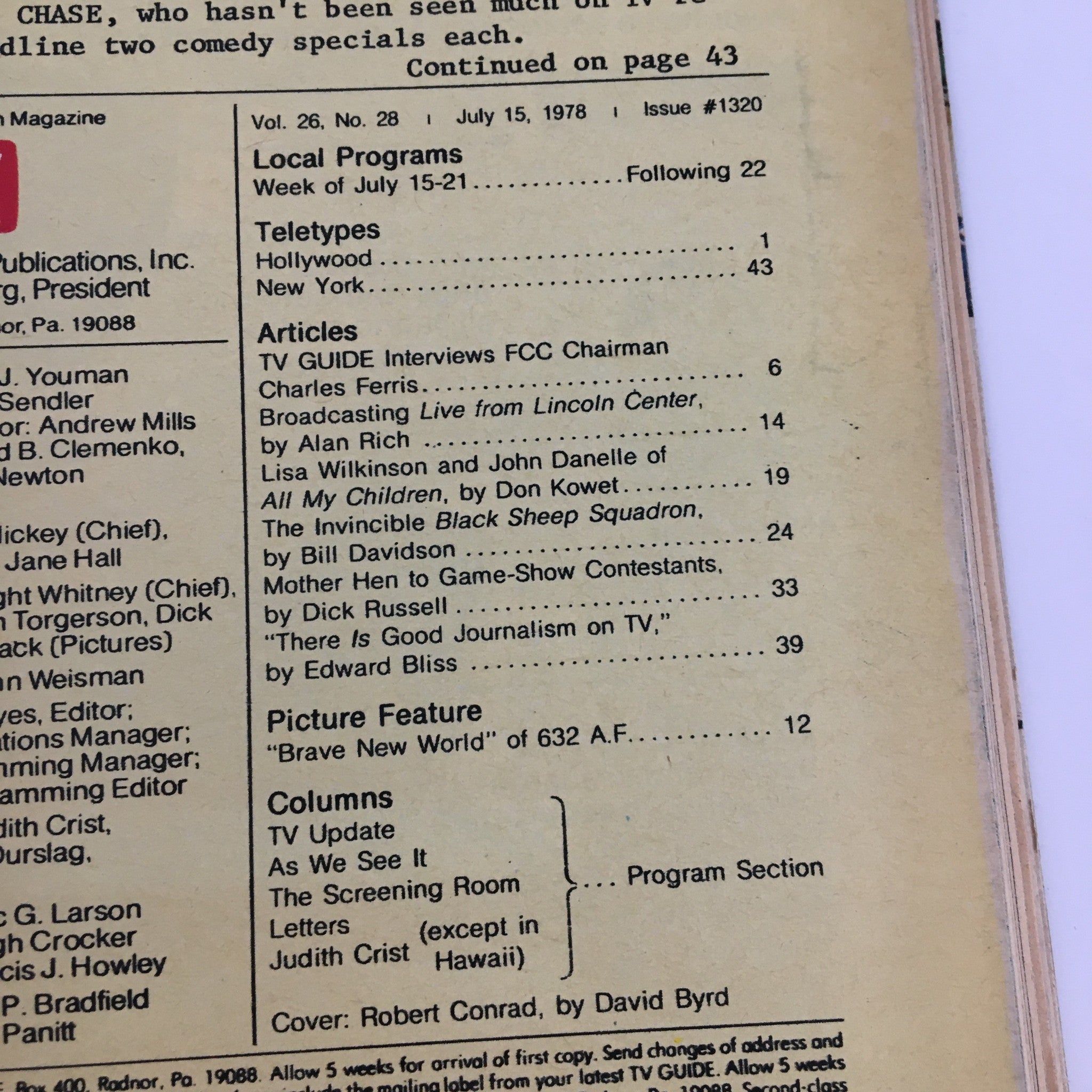 Table of contents from TV Guide Magazine July 15 1978, showcasing articles and features including an interview with FCC Chairman Charles Ferris.