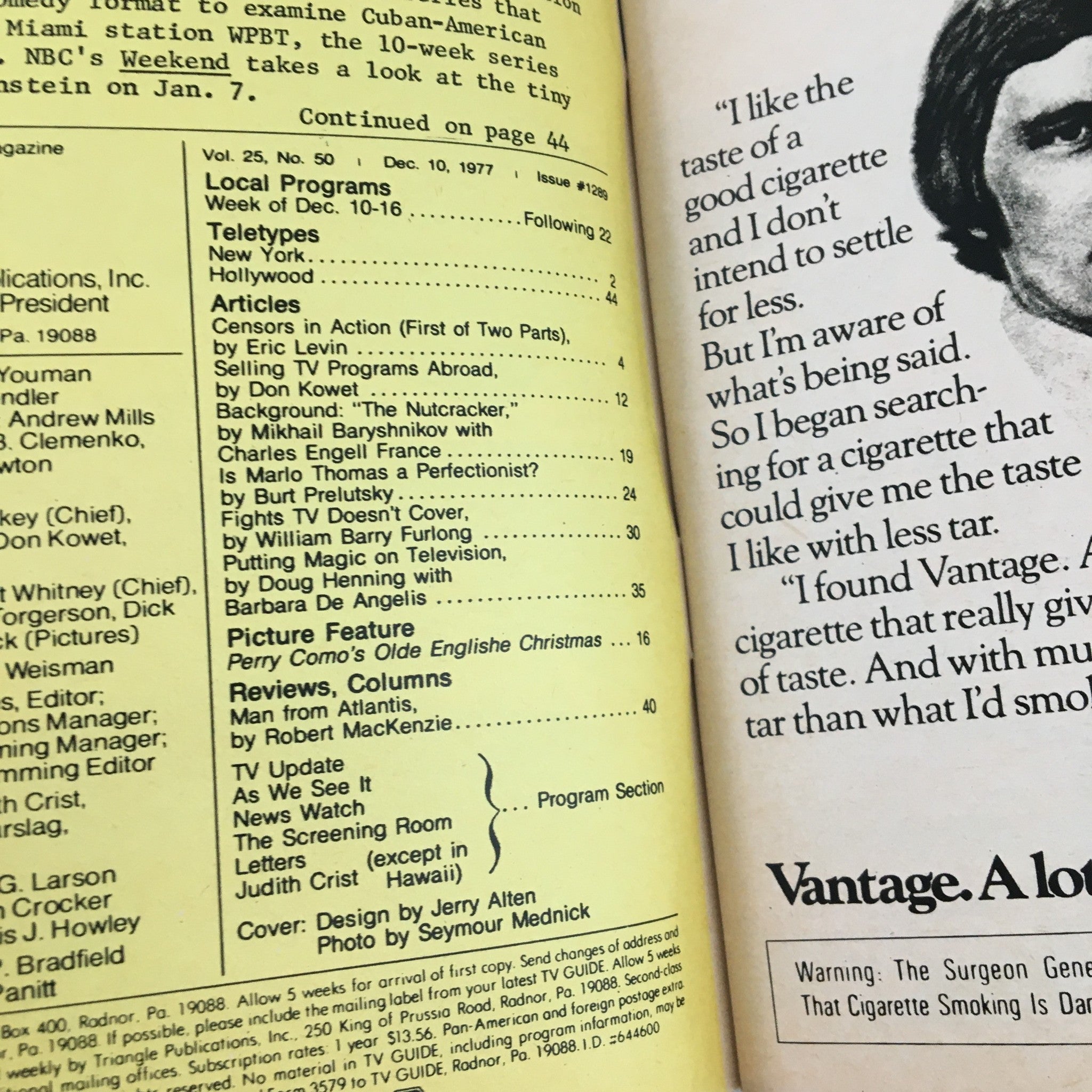 Inside page of TV Guide Magazine December 10 1977 detailing articles and content including censorship in television programming.