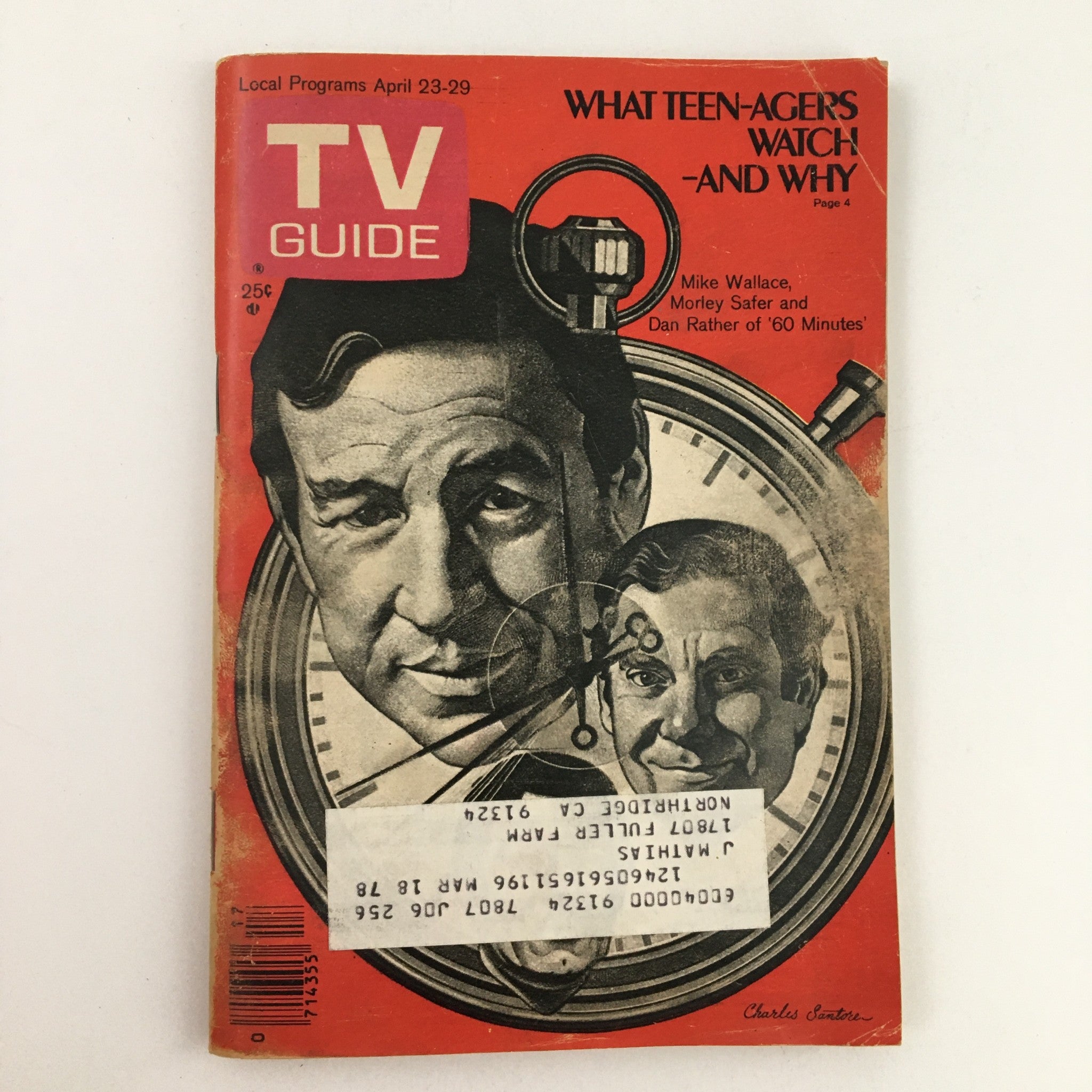 TV Guide Magazine April 23 1977 cover featuring Mike Wallace and the cast of 60 Minutes, showcasing an iconic design with a stopwatch in the background.
