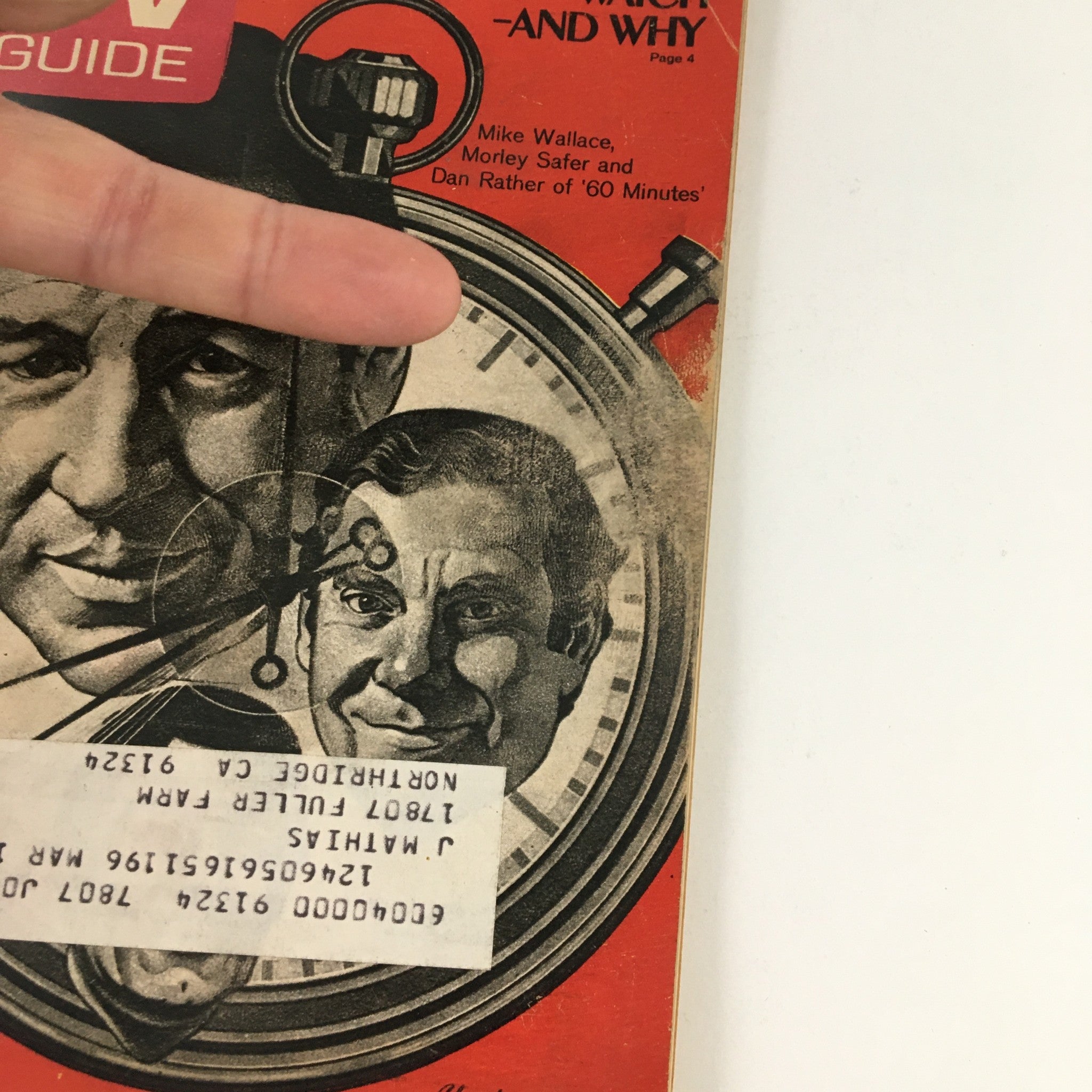 Close-up of the TV Guide Magazine April 23 1977 cover highlighting Mike Wallace, Morley Safer, and Dan Rather from 60 Minutes, with a hand positioned on the magazine.