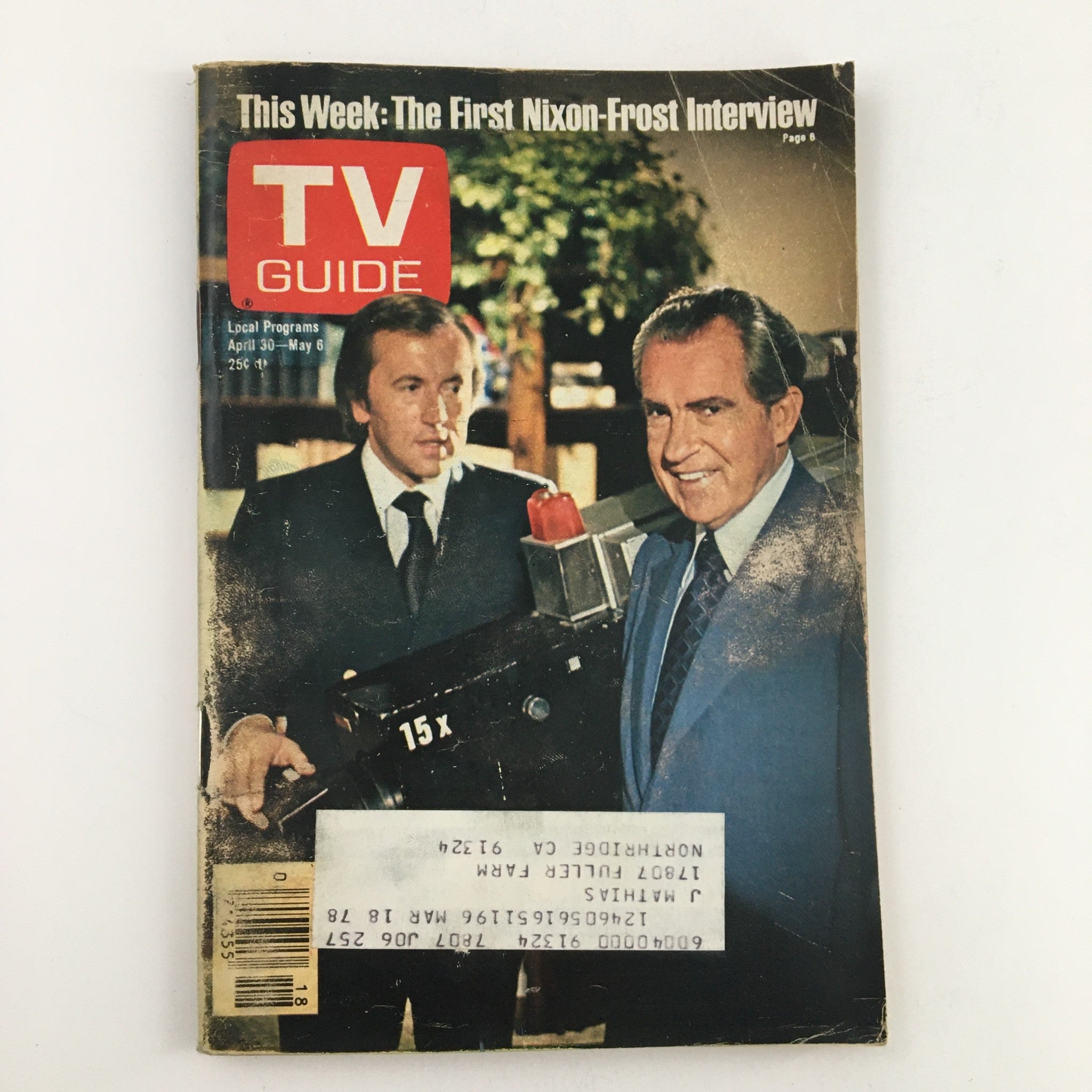 Cover of TV Guide Magazine dated April 30, 1977 featuring David Frost and Richard Nixon, highlighting the first Nixon-Frost interview.