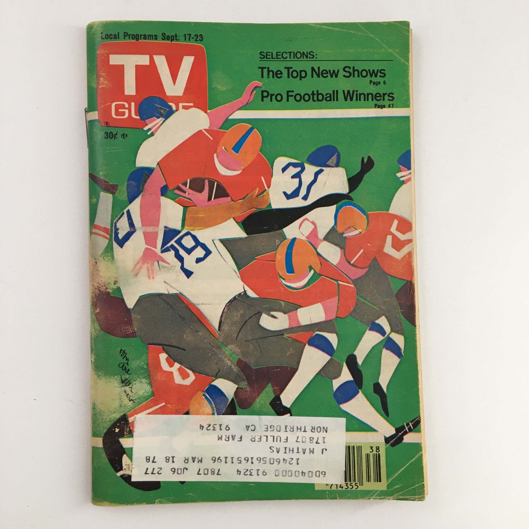 Cover of TV Guide Magazine September 17 1977 L.A. Edition featuring pro football players and the title 'Selections: The Top New Shows & Pro Football Winners'. This vintage magazine is a nostalgic piece showcasing television history.