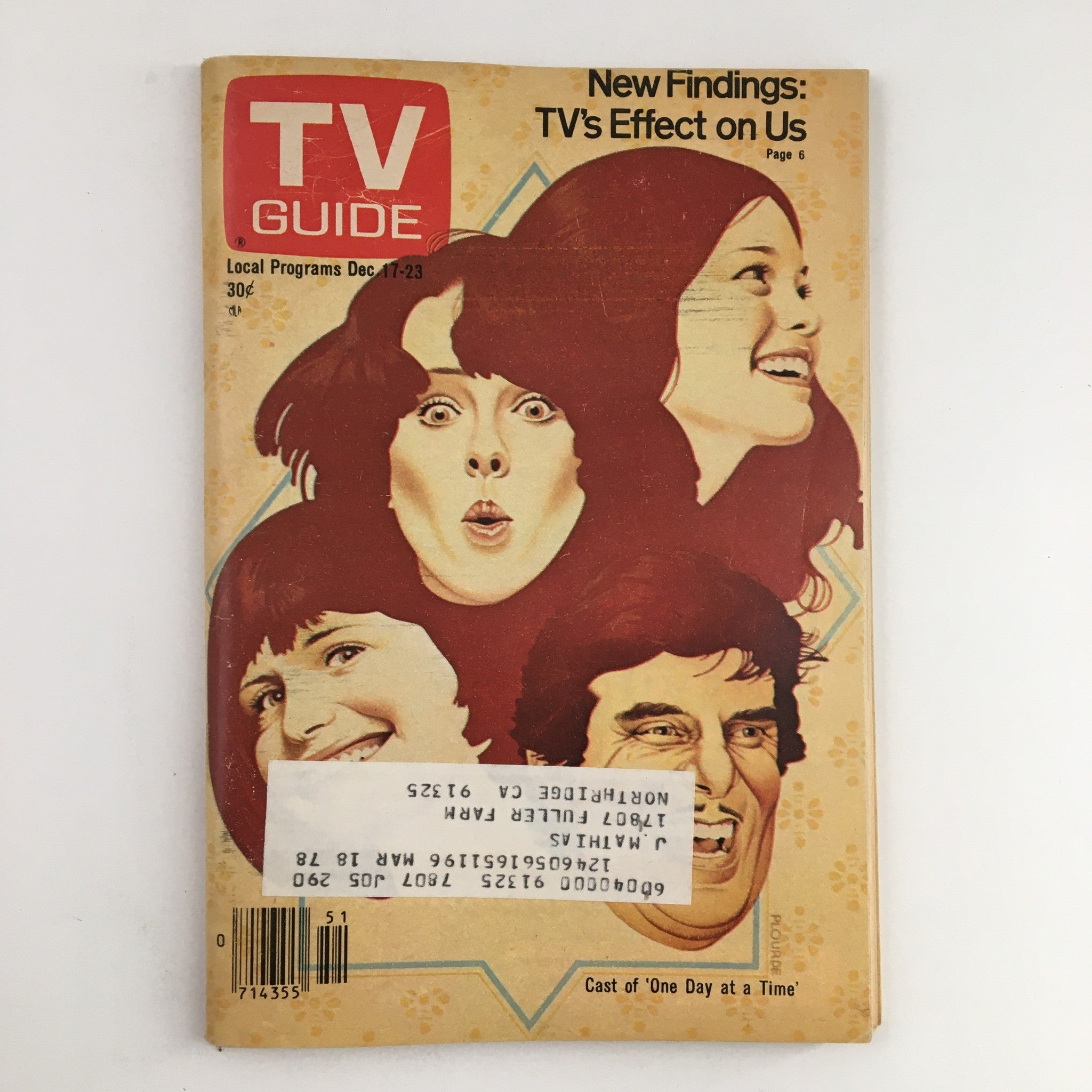 Cover of TV Guide Magazine, December 17, 1977, featuring the cast of One Day at a Time, showcasing iconic characters with vibrant illustrations.