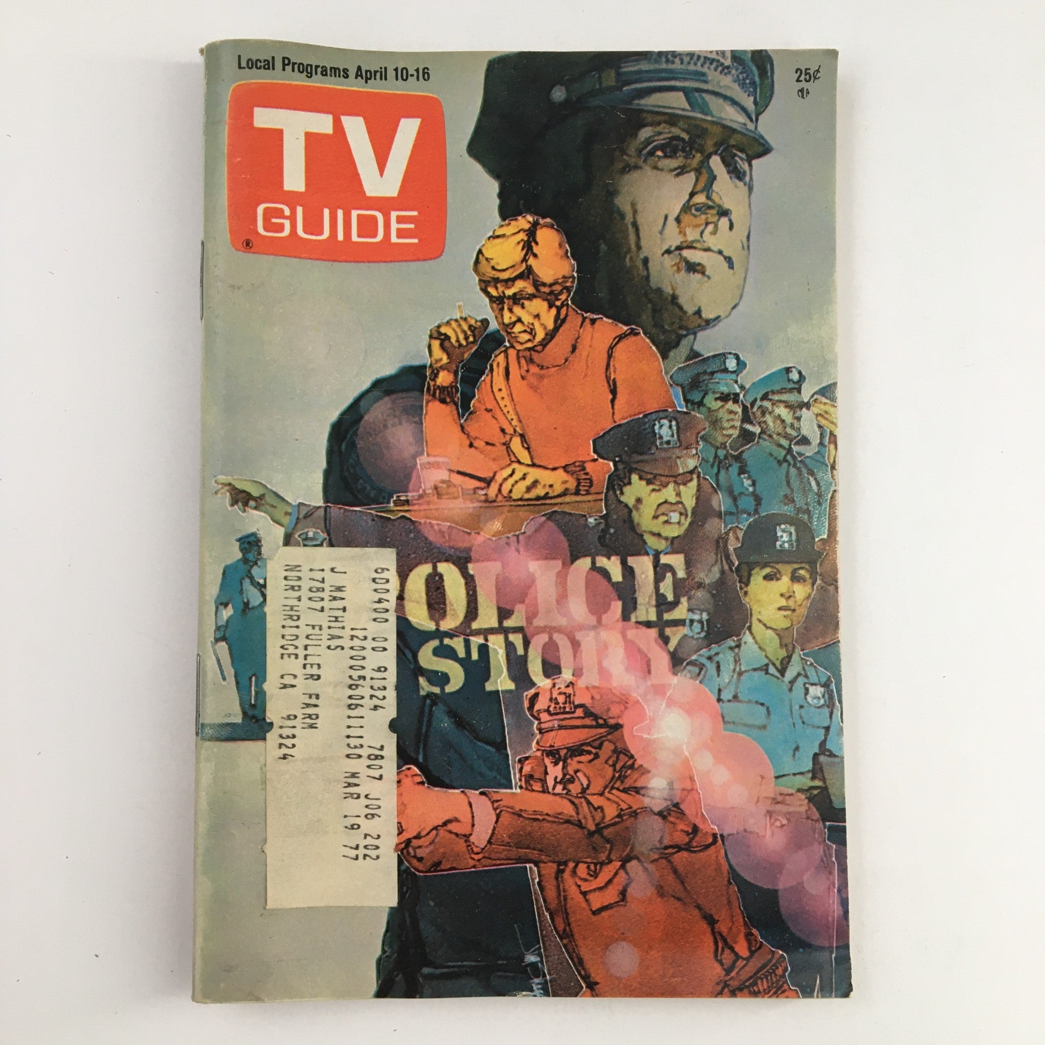Cover of TV Guide Magazine April 10, 1976 featuring 'Police Story' by Jim Sharpe, showcasing colorful illustrations of police characters and vintage design elements, significant for collectors of classic television.