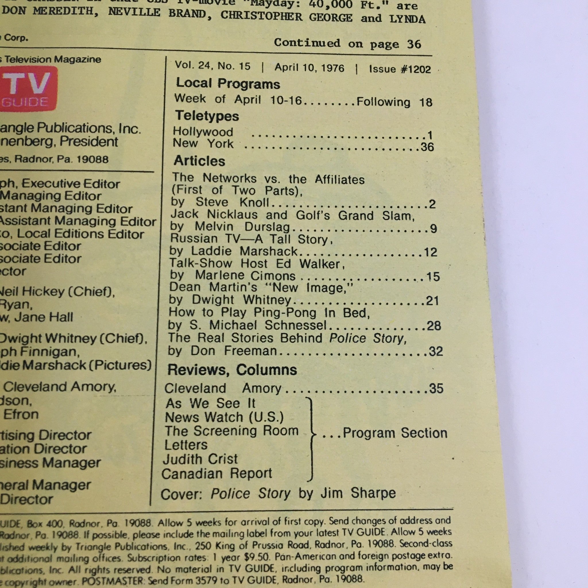 Inside page of TV Guide Magazine April 10, 1976, detailing articles and features, including 'Police Story' by Jim Sharpe, reflecting the television landscape of the 1970s with a focus on classic shows.