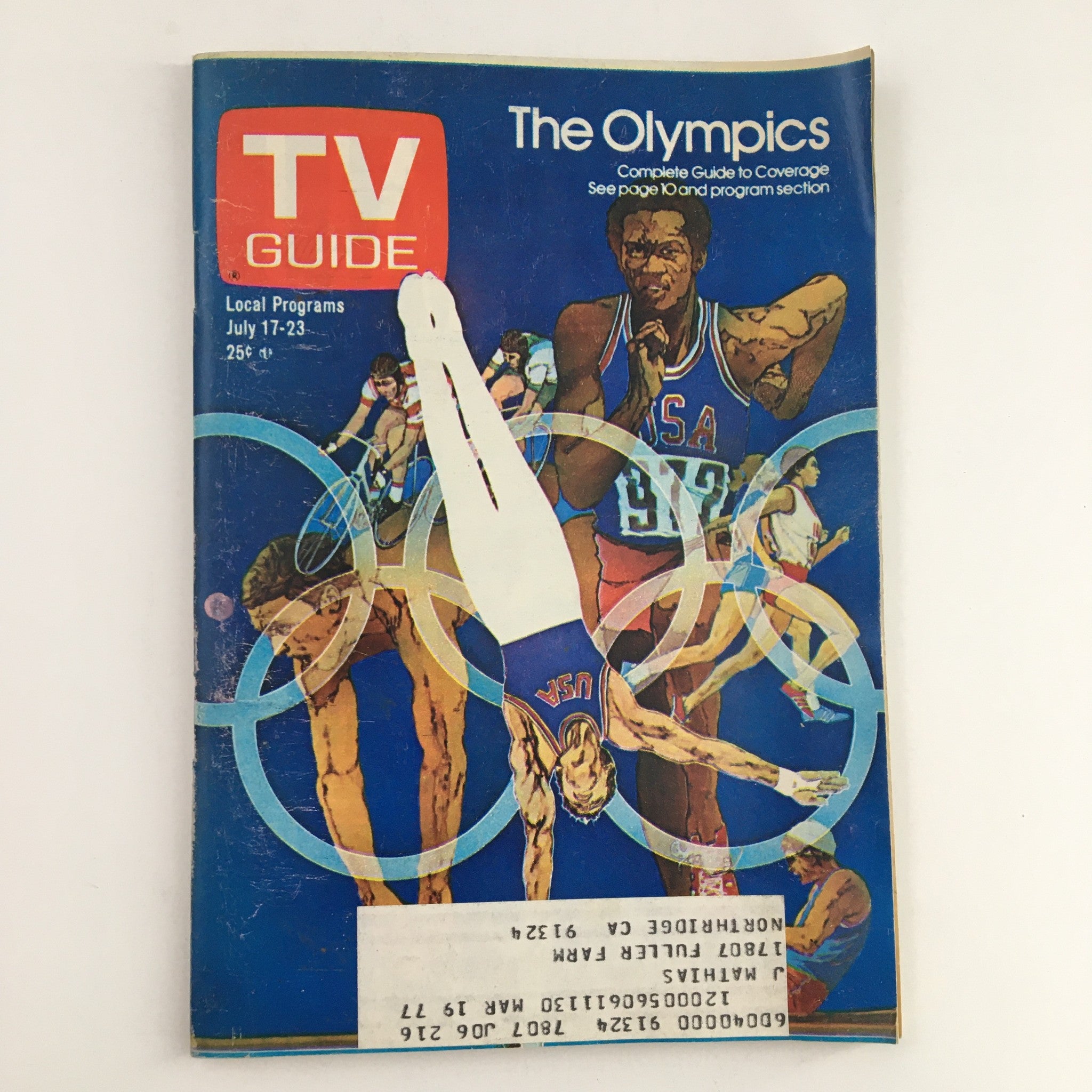 Vintage TV Guide Magazine cover from July 17, 1976, featuring The Olympics, showcasing athletes competing in various sports and iconic Olympic rings.